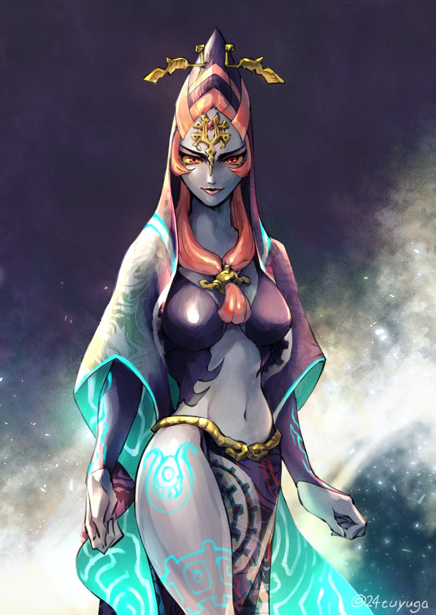 1girls, 24tuyuga, beautiful, belly, big breasts, body paint, breasts, child bearing hips, curvy, female, female only, harem outfit, hips, hood, hourglass figure, jewelry, midna, navel, nintendo, pale skin, red eyes, red hair, skimpy clothes, solo, taller female, the legend of zelda, twili midna, twilight princess, wide hips