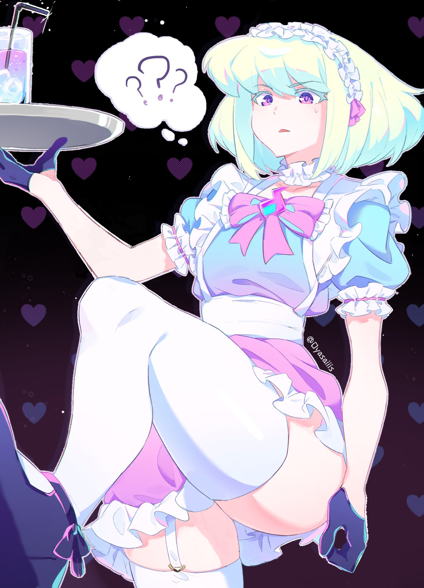 1boy, 1femboy, absolute territory, androgynous, blonde hair, bob cut, bow, collar, crossdressing, dress, exclamation point, femboy, femboy only, feminine faced male, feminine male, frills, garter straps, girly, lio fotia, maid, maid headdress, maid outfit, maid uniform, male maid, oyasaiiis, petite, petite body, petite male, pov, promare, questionable, short hair, short male, skirt, slim, slim male, slim waist, solo, suggestive, sweat, sweatdrop, sweating, thick thighs, thighhighs, thin waist, twink