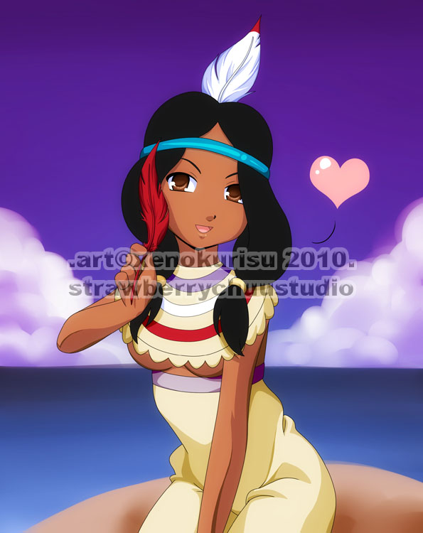 black_hair breasts brown_eyes clothing cute dark_hair dark_skin disney feathers heart native_american navel peter_pan_(disney) smile tiger_lily underboob xenokurisu