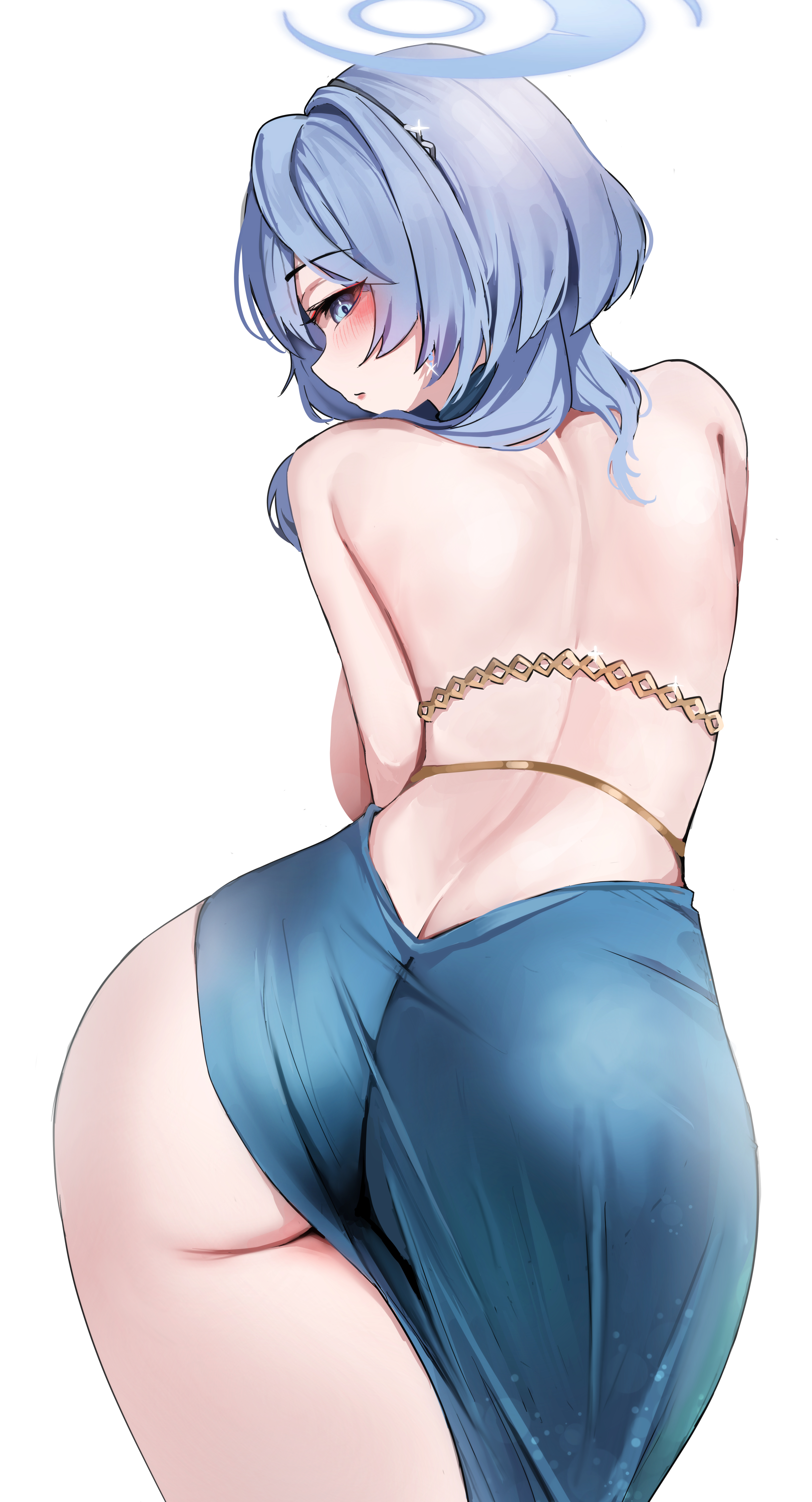 absurdres, ako (blue archive), ako (dress) (blue archive), ass, ass focus, back, backboob, backless dress, backless outfit, bare shoulders, bent over, blue archive, blue dress, blue eyes, blue hair, breasts, butt crack, dress, earrings, female, fluffyebi01, from behind, halo, highres, jewelry, large breasts, looking at viewer, looking back, simple background, solo, thighs, white background