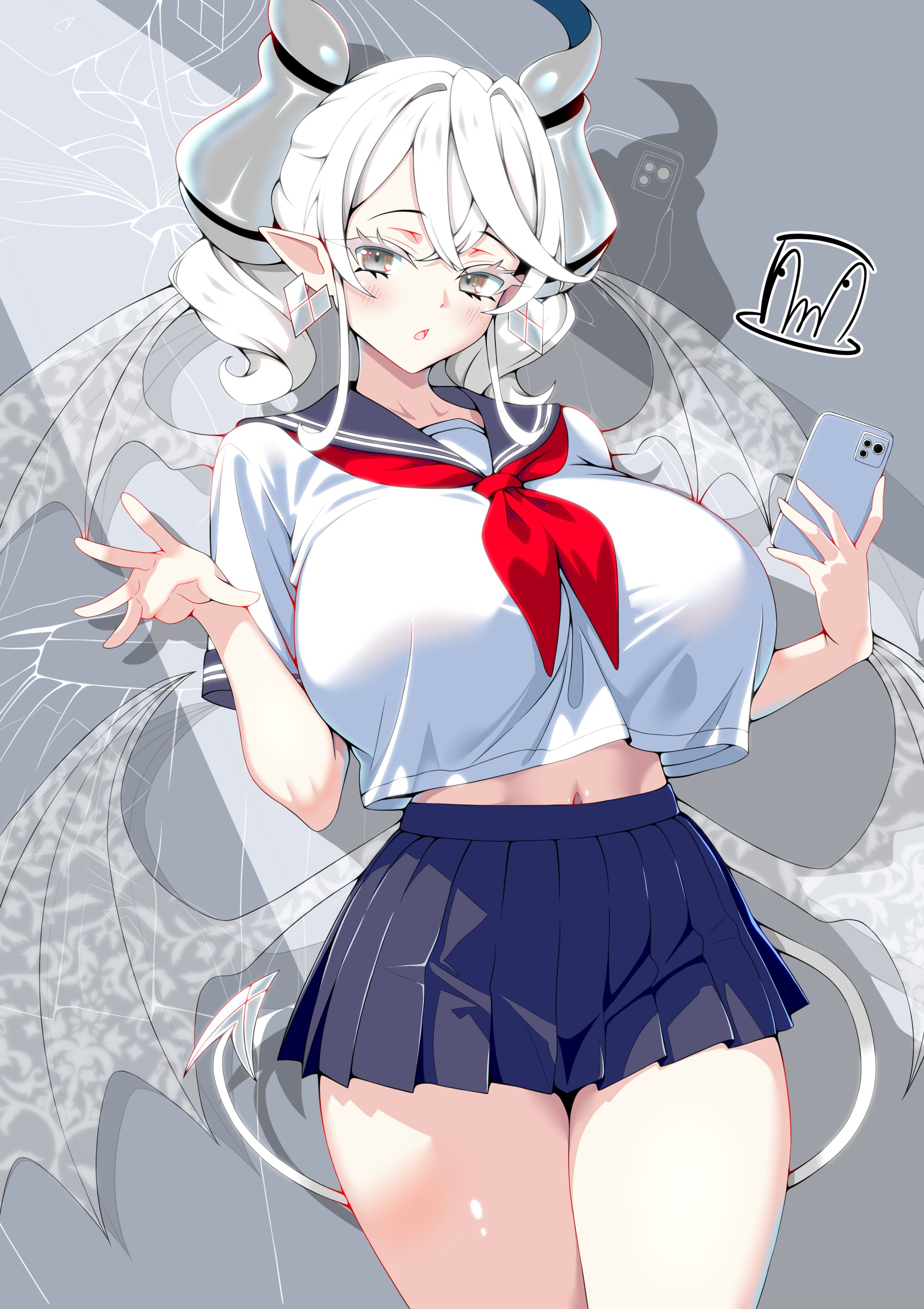 1girls, blush, breasts, cellphone, clothing, commission, demon, demon girl, demon horns, demon tail, demon wings, duel monster, earrings, female, female only, fringe, full body, hand up, hi res, horns, huge breasts, japanese school uniform, konami, labrynth of the silver castle, lady labrynth of the silver castle, legs, looking at another, looking at viewer, lovely labrynth of the silver castle, model, model pose, modeling, navel, open mouth, pose, princess, queen, ribbon, sailor uniform, school uniform, schoolgirl, schoolgirl uniform, silver eyes, skirt, solo, tail, tama amata, thighhighs, thighs, twintails, voluptuous, white hair, wings, yu-gi-oh!
