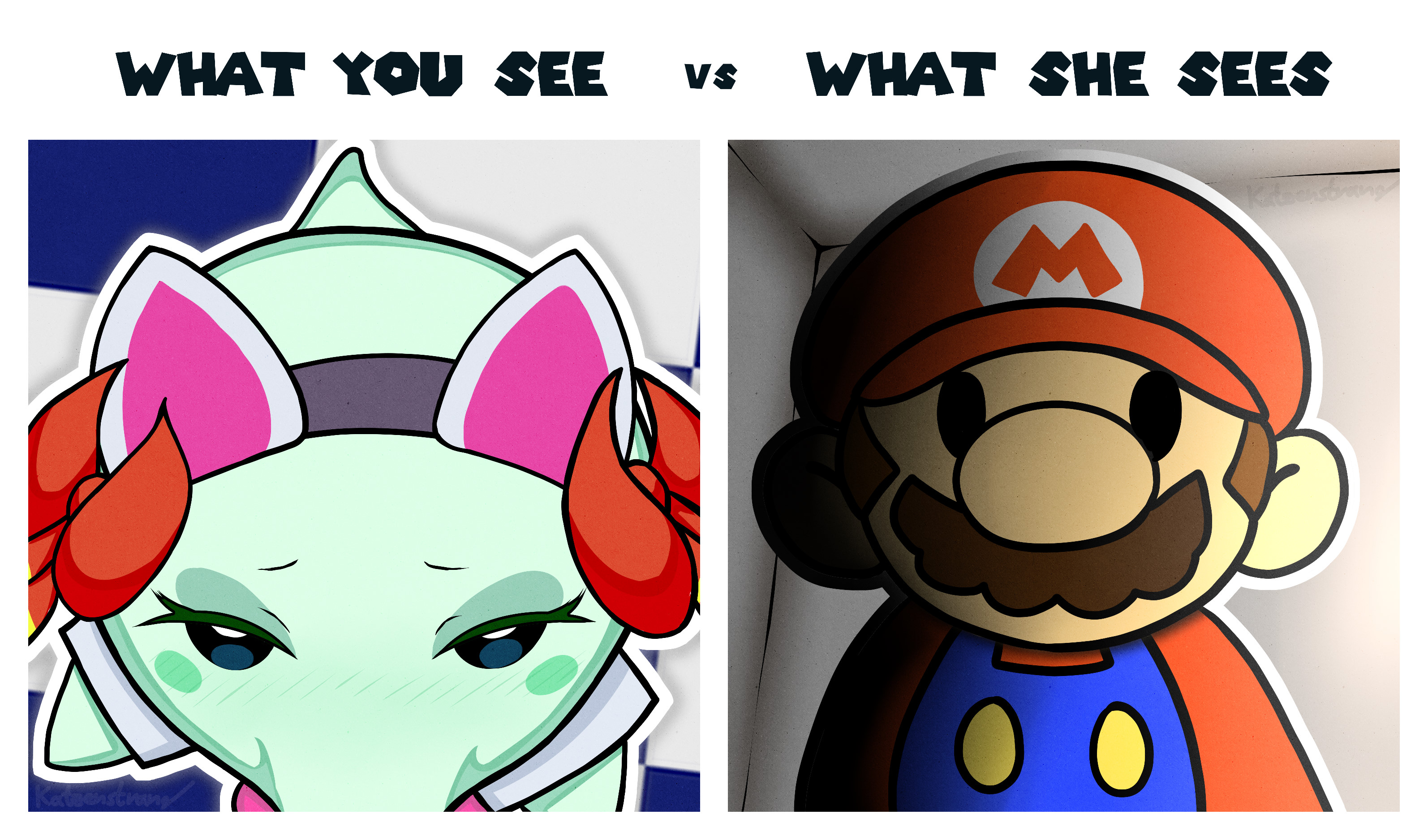 :>=, blowjob, boo (mario), bow, bow ribbon, cat ears, cat ears hairband, english text, fellatio, female, funny, ghost, ghost girl, humor, implied fellatio, implied oral, katzenstrand, lady bow, male, male/female, mario, mario (series), meme, nintendo, paper mario, paper mario (character), what you see vs what she sees