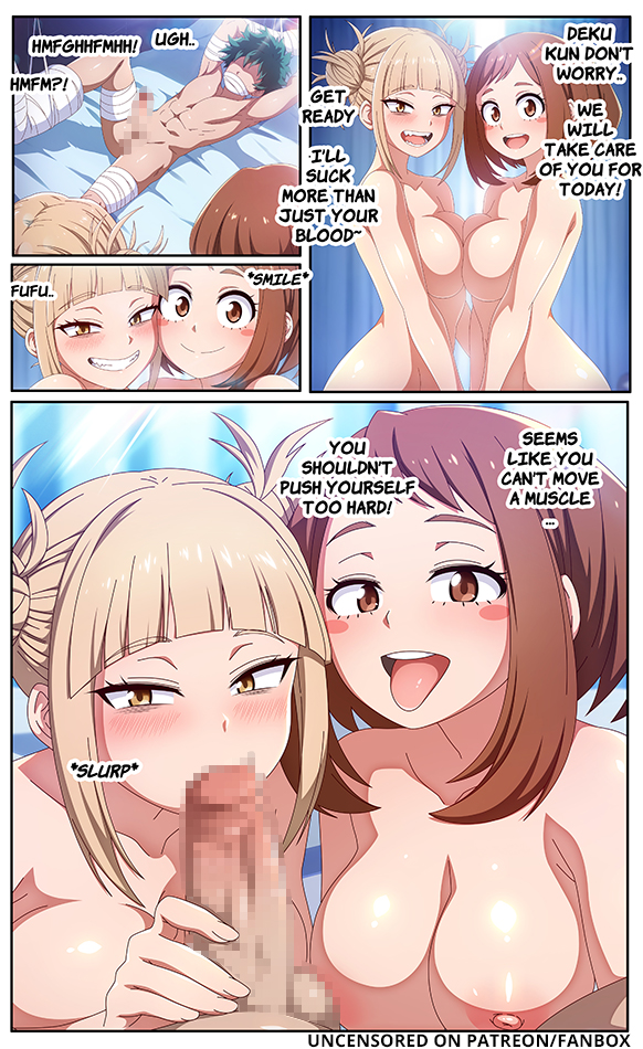 1boy, 2girls, 4koma, bangs, blonde hair, blonde-haired female, blue-senpai, blush, boku no hero academia, breasts, brown eyes, brown hair, brown-haired female, censored, collarbone, comic, english text, female, green hair, green-haired male, heart, himiko toga, izuku midoriya, male, medium breasts, midoriya izuku, mosaic censoring, multiple females, multiple girls, my hero academia, nipples, nude, ochako uraraka, open mouth, oral, paizuri, penis, pov, short hair, smile, straight, sucking, threesome, toga himiko, tongue, uraraka ochako