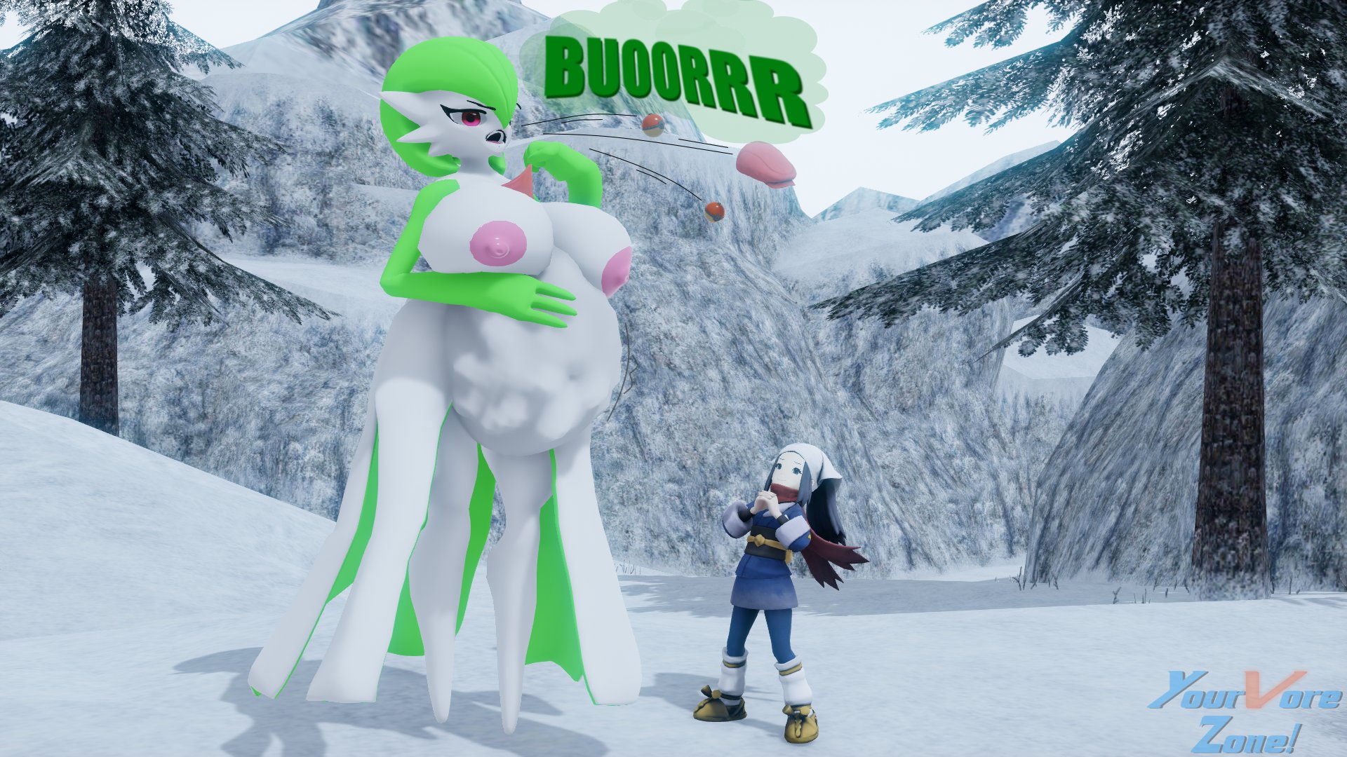 3d, belch, belching, belly, big belly, big breasts, breasts, burp, burp cloud, burp fetish, burping, burping up clothes, female, female only, female pred, gardevoir, giantess, human prey, large female, larger female, mini giantess, nipples, pokemon, pokemon (species), size difference, vore, vore belly, yourvorezone