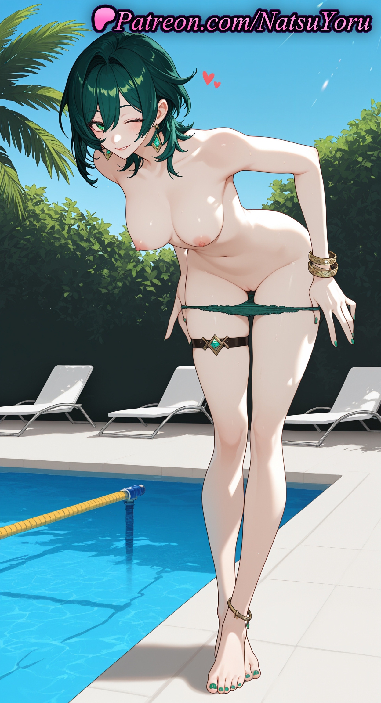 1girls, 2025, ai generated, barefoot, bent over, big breasts, bikini, bikini bottom only, bikini pull, breasts, choker, collarbone, erect nipples, feet, foot fetish, genitals, genshin impact, green bikini, heart, hi res, highres, large breasts, legs, looking at viewer, natsuyoru, navel, nefer (genshin impact), nipples, nude, patreon, pussy, pussy juice, smile, solo, standing, stomach, swimsuit, thighs, tight pussy, toes, topless, uncensored, undressing, voluptuous, voluptuous female