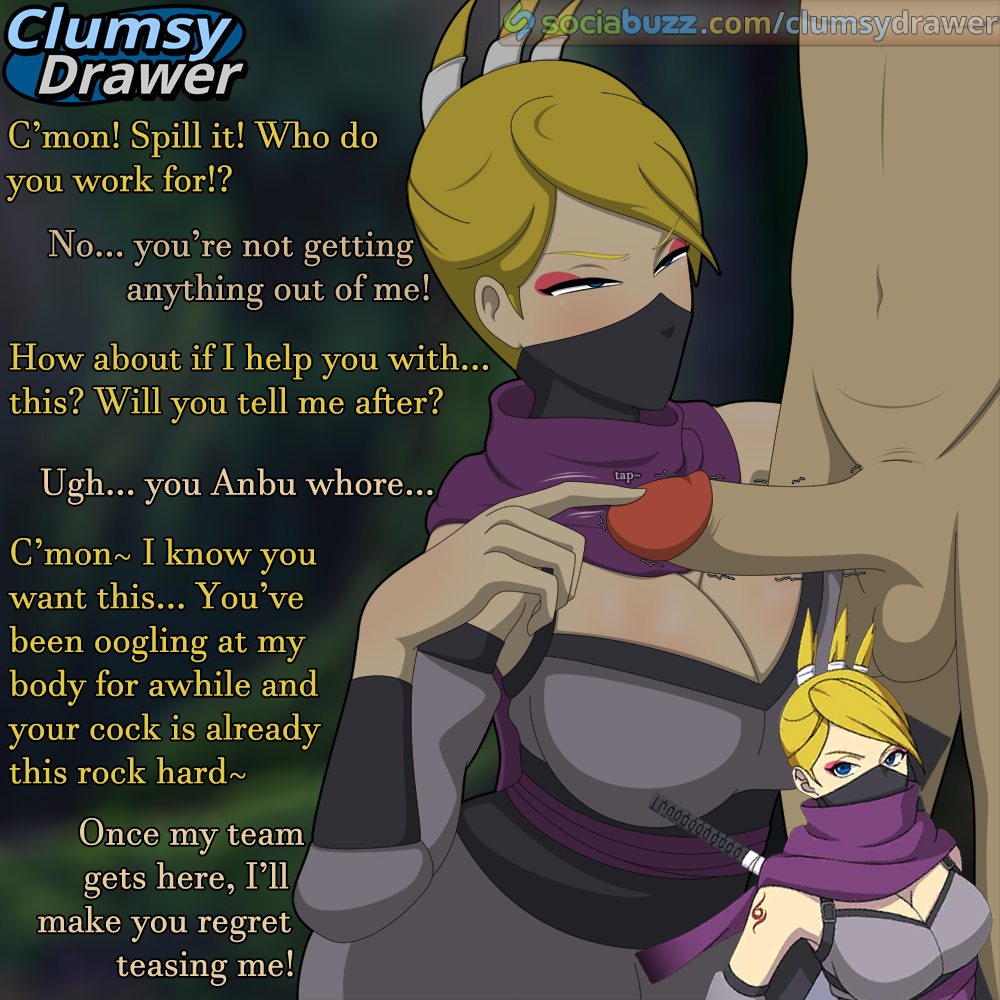 1boy 1girls anbu_(naruto) anon artist_logo blue_eyes blurry_background breasts breeze_dancer cleavage clothed clumsydrawer cock_teasing english english_dialogue english_text erect_penis eyeshadow face_mask female forest interrogation kunoichi large_breasts lipstick looking_at_another male mask masked masked_female naruto naruto_online ninja offscreen_character offscreen_male outdoors penis pink_eyeshadow pink_lipstick self_upload teasing teasing_penis touching_penis updo url video_game_character yellow_hair