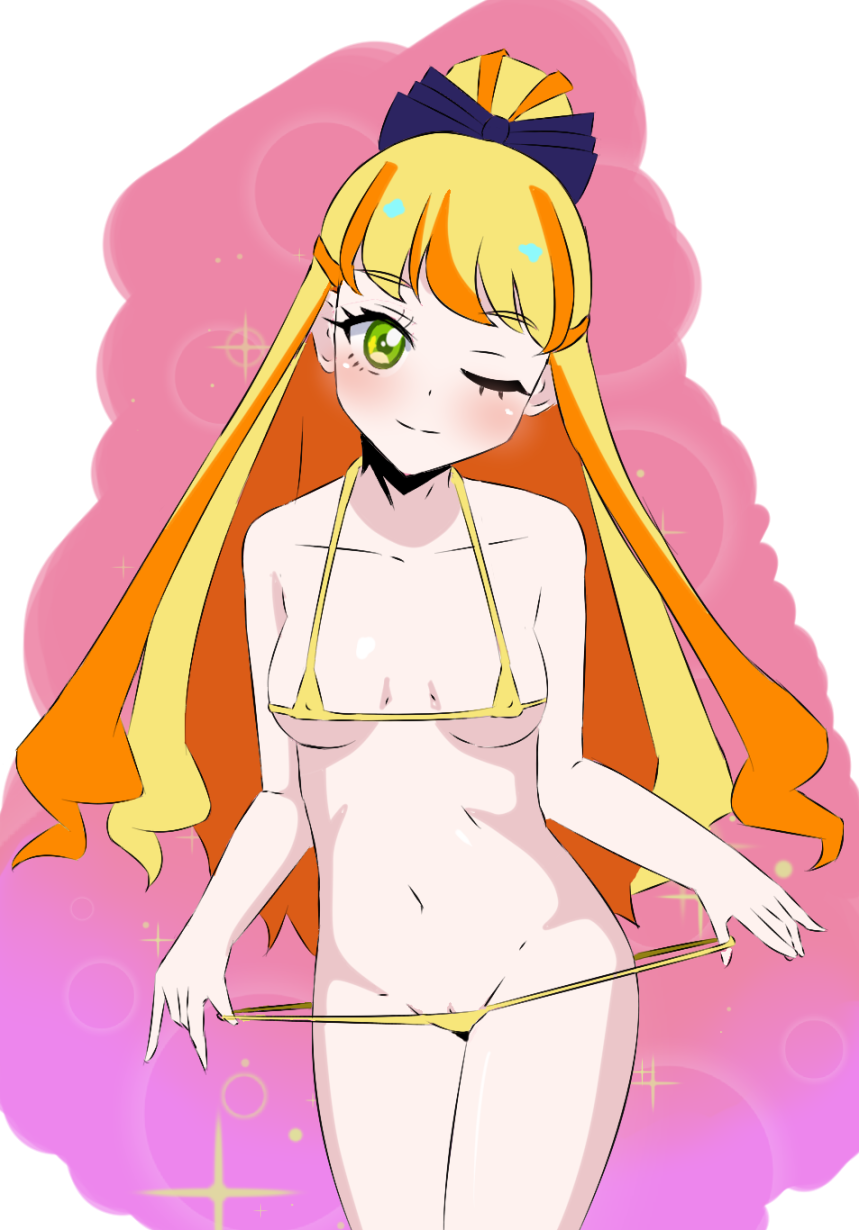 1girls arcsin belly_button bikini blonde_hair blush breasts female green_eyes himitsu_no_aipri idol igarashi_julia light-skinned_female light_skin micro_bikini multicolored_hair pretty_(series) pretty_series pulling_panties pussy_peek solo wink