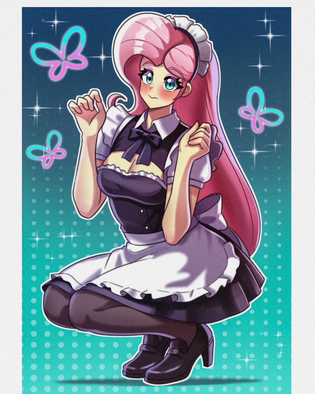 ass, big ass, big breasts, big butt, big thighs, big titties, breasts, curvaceous, curvaceous female, curvaceous figure, curvy, curvy figure, curvy hips, equestria girls, female, fluttershy (eg), fluttershy (mlp), green eyes, looking at viewer, maid, maid uniform, masterdestroyzj, my little pony, pink hair, yellow skin