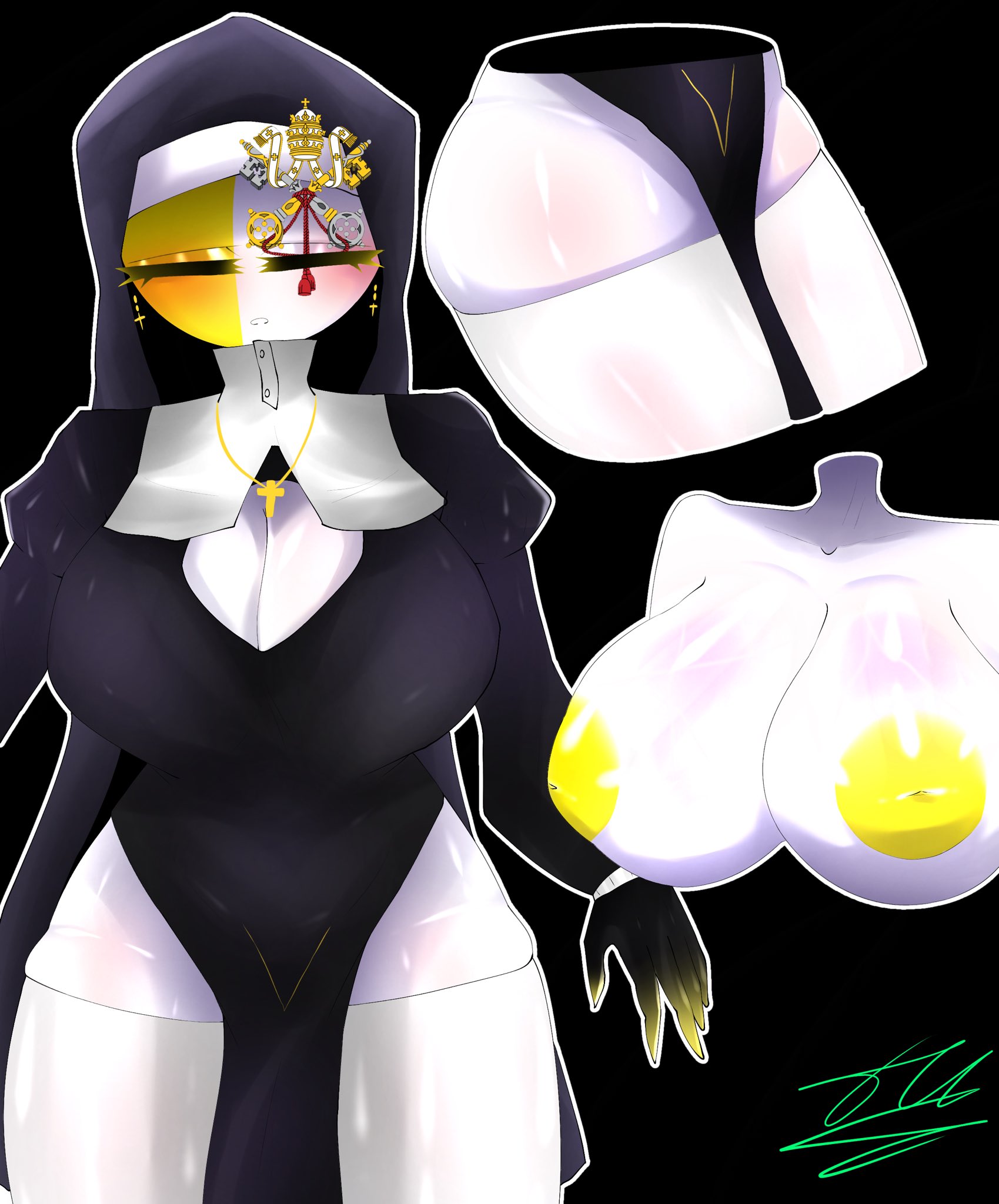 1girls, 44waa29304, big breasts, big thighs, black background, black glove, breasts, closed eyes, countryhumans, countryhumans girl, cross earrings, cross necklace, female, female only, legs, nun, nun outfit, tagme, thick thighs, torso, vatican city (countryhumans), white thighhighs, yellow nipples