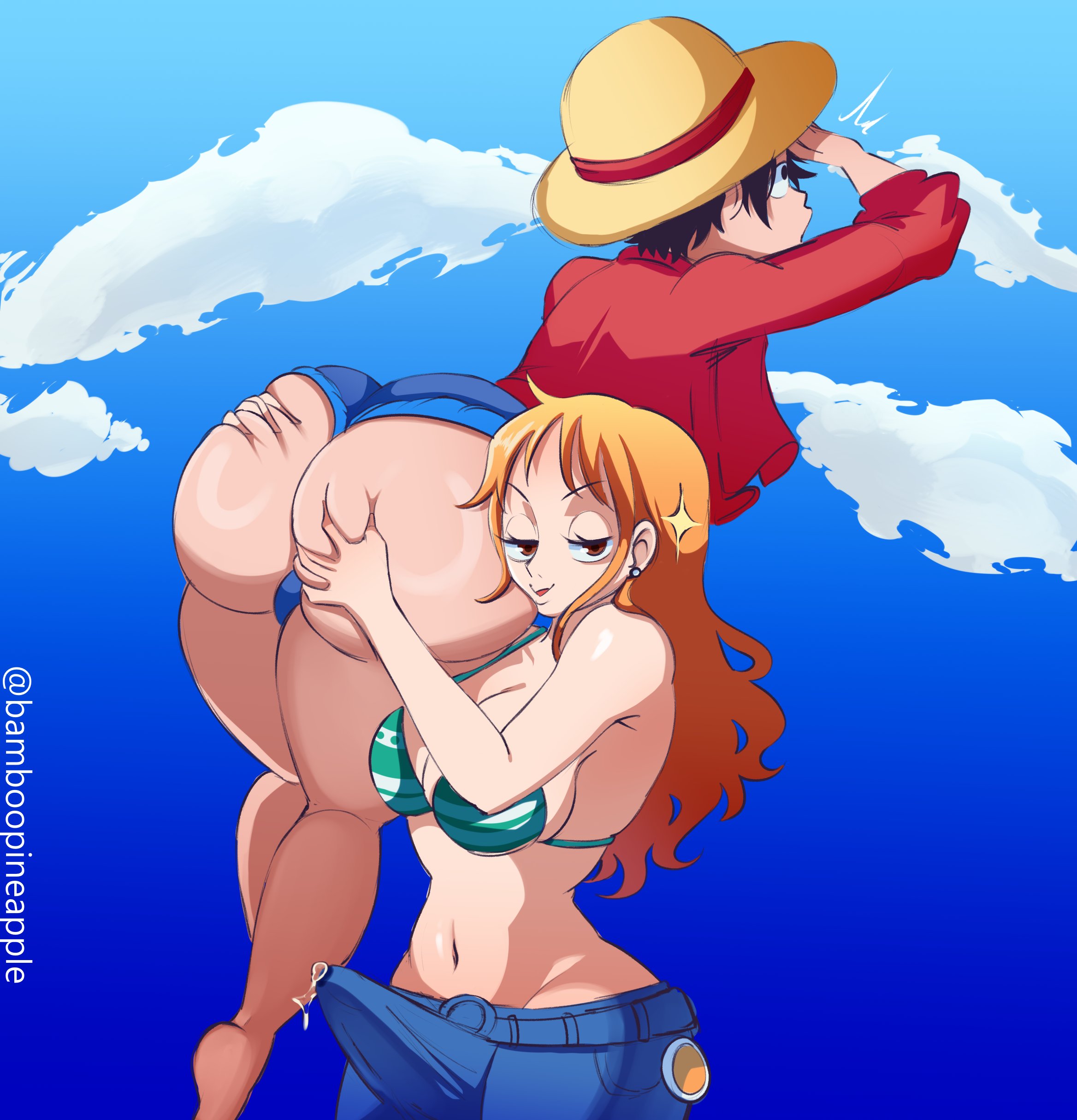 1futa, ass, ass focus, bamboopineapple, big ass, big breasts, bottom heavy, breasts, bubble butt, carrying partner, clothed, clothing, curvy male, dumptruck ass, enormous ass, fat ass, futanari, gigantic ass, girly, huge ass, human, hyper, hyper ass, intersex, light skin, light-skinned futa, light-skinned male, male, male focus, mature, monkey d luffy, mostly clothed, nami (one piece), one piece, penis, round ass, standing, tenting, thick, thick ass, thick thighs, thighs, voluptuous, wide hips