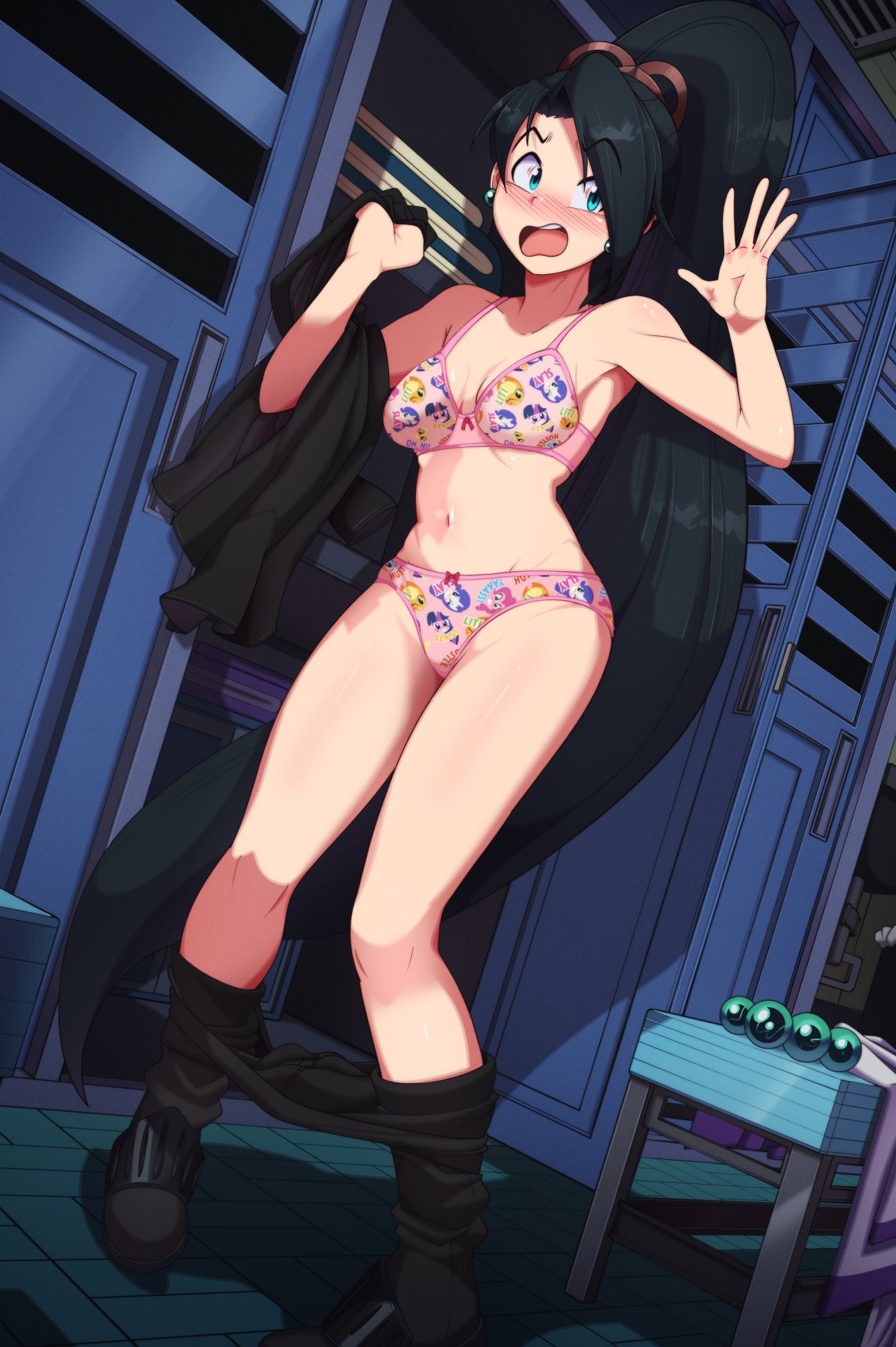 caught, childish bra, childish panties, dark hair, embarrassed, euf-dreamer, legs shaking, locker room, my little pony, print bra, print panties, sage (valorant), shy, valorant