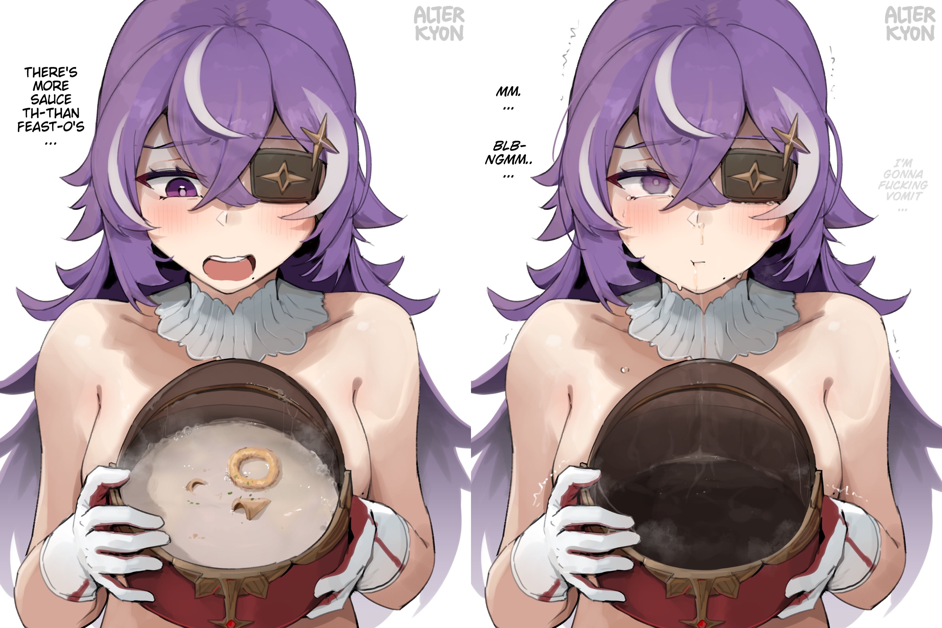 alterkyon, chevreuse (genshin impact), cum as food, cum drinking, cum in container, cum in hat, drinking cum, eyepatch, female, gagging, genshin impact, gloves, gokkun, purple eyes, purple hair, shivering, tagme, tearing up