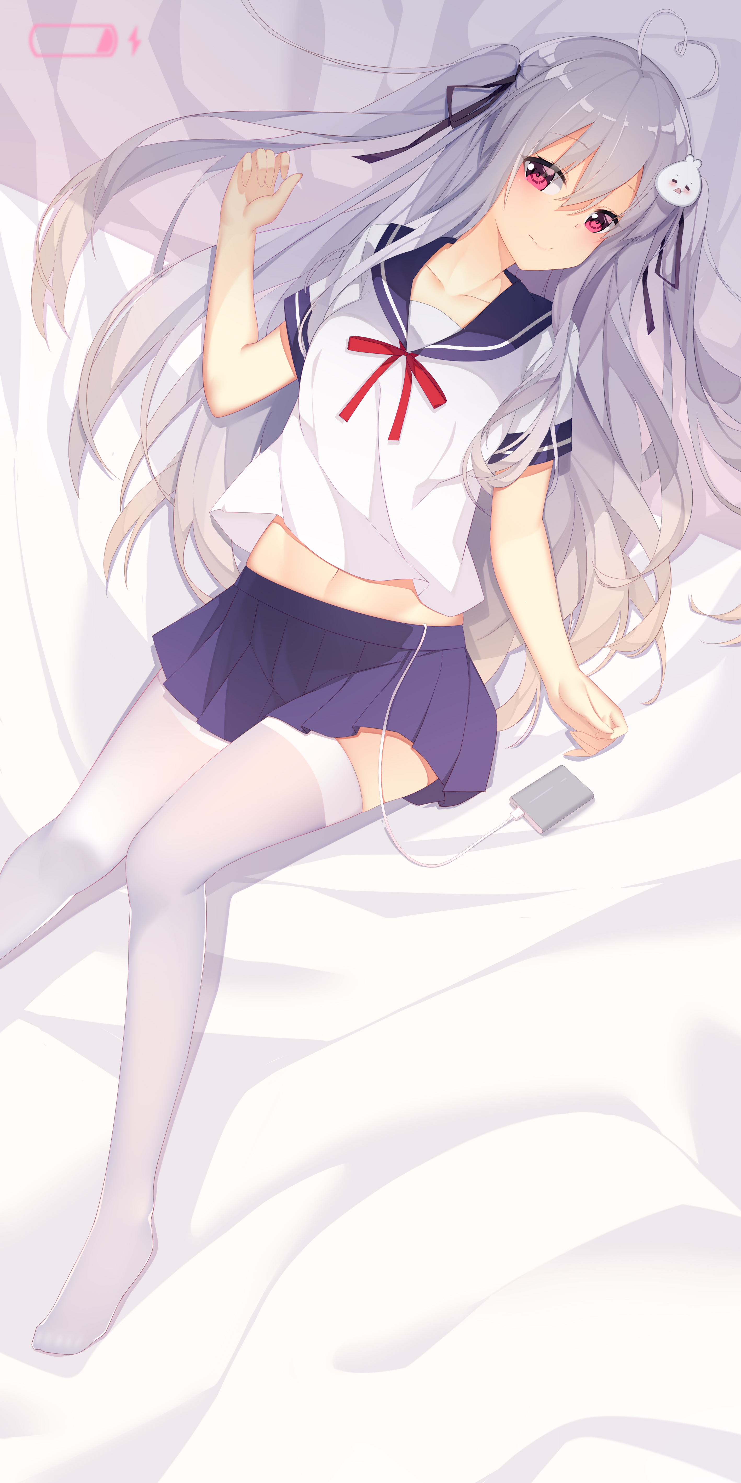 absurd res, absurdres, ahode, bed sheet, black ribbon, blouse, blue skirt, breasts, collarbone, feet out of frame, female, female focus, female only, hair between eyes, hair ornament, hair ribbon, heart, heart ahoge, hi res, highres, jyt, lightning bolt symbol, long hair, looking at viewer, lying, lying on back, lying on bed, medium breasts, midriff, navel, niliu chahui, no shoes, on back, original, pleated skirt, purple eyes, pussy, ribbon, school uniform, serafuku, sex toy, shirt, short sleeves, silver hair, skirt, smile, smiling, solo, thighhighs, tokisaki mio (niliu chahui), two side up, very long hair, vibrator, vibrator cord, vibrator in pussy, vibrator under clothes, white shirt, white thighhighs