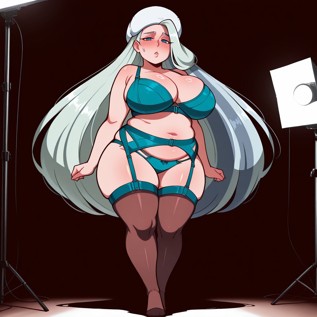 ai generated, balfaphico, blue lingerie, chubby, chubby female, female, lingerie, melony (pokemon), milf, modeling, photo studio, photoshoot, pokemon, pokemon ss