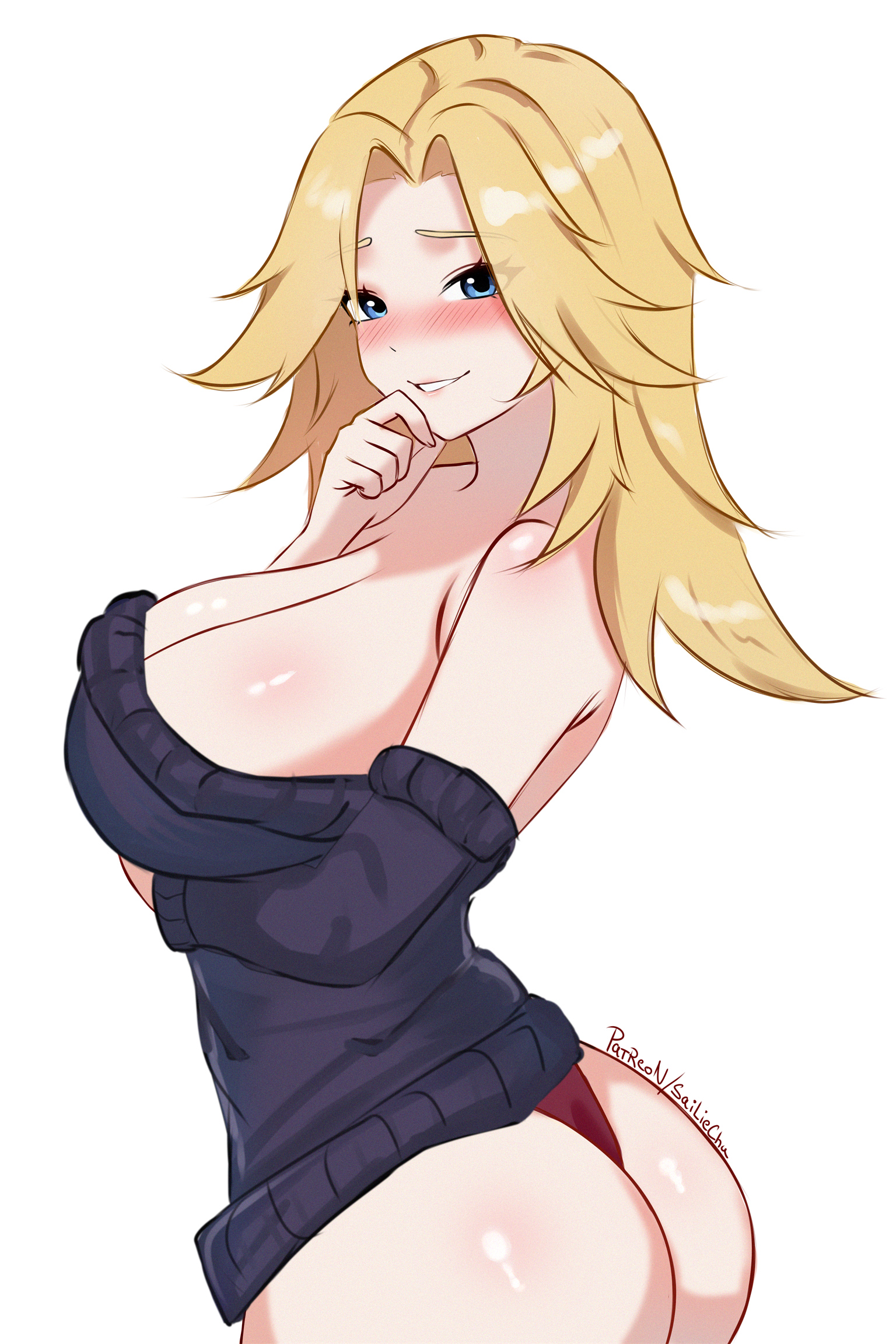 1girls, ass, blonde hair, breasts, cleavage, female, female focus, female only, invisible woman, invisible woman (marvel rivals), large breasts, light skin, light-skinned female, looking at viewer, looking back, marvel, marvel comics, marvel rivals, sailie, solo, sue storm, white background