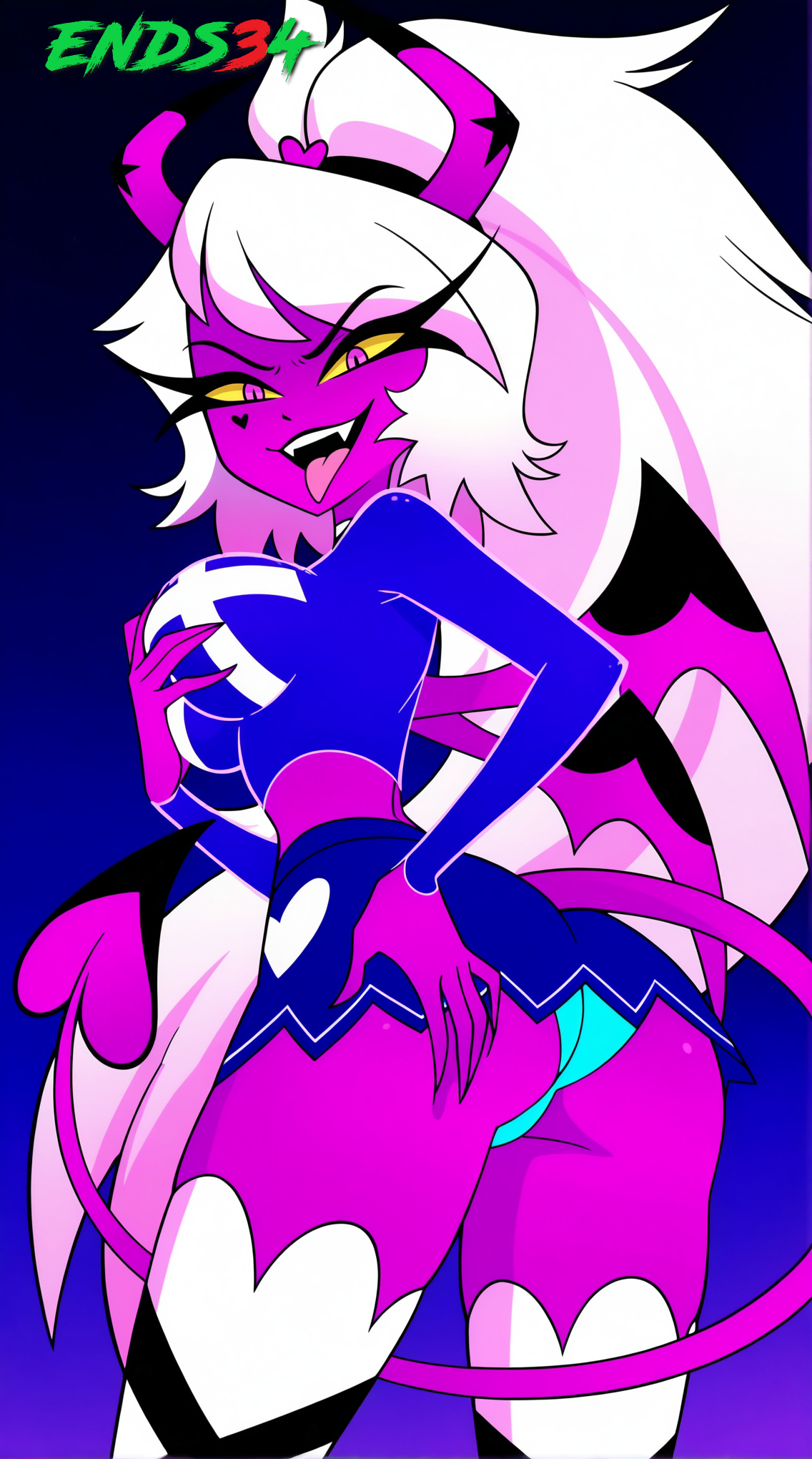 ai generated, ass, big breasts, breasts, demon, demon girl, ends34, female, female focus, fit, fit female, grabbing, grabbing own breast, helluva boss, long hair, miniskirt, panties, skirt, succubus, verosika mayday (helluva boss)