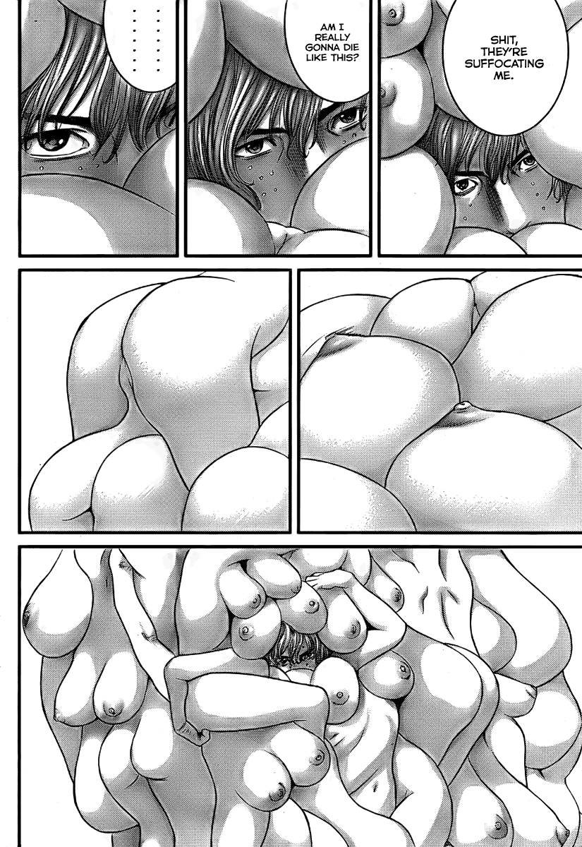 1boy alien asphyxiation ass big_breasts body_horror breasts comic english_text faceless_female gantz kazuo_kuwabara male manga monochrome monster multi_breast multiple_females nipples nude nurarihyon official_art oku_hiroya smothering sweat youkai