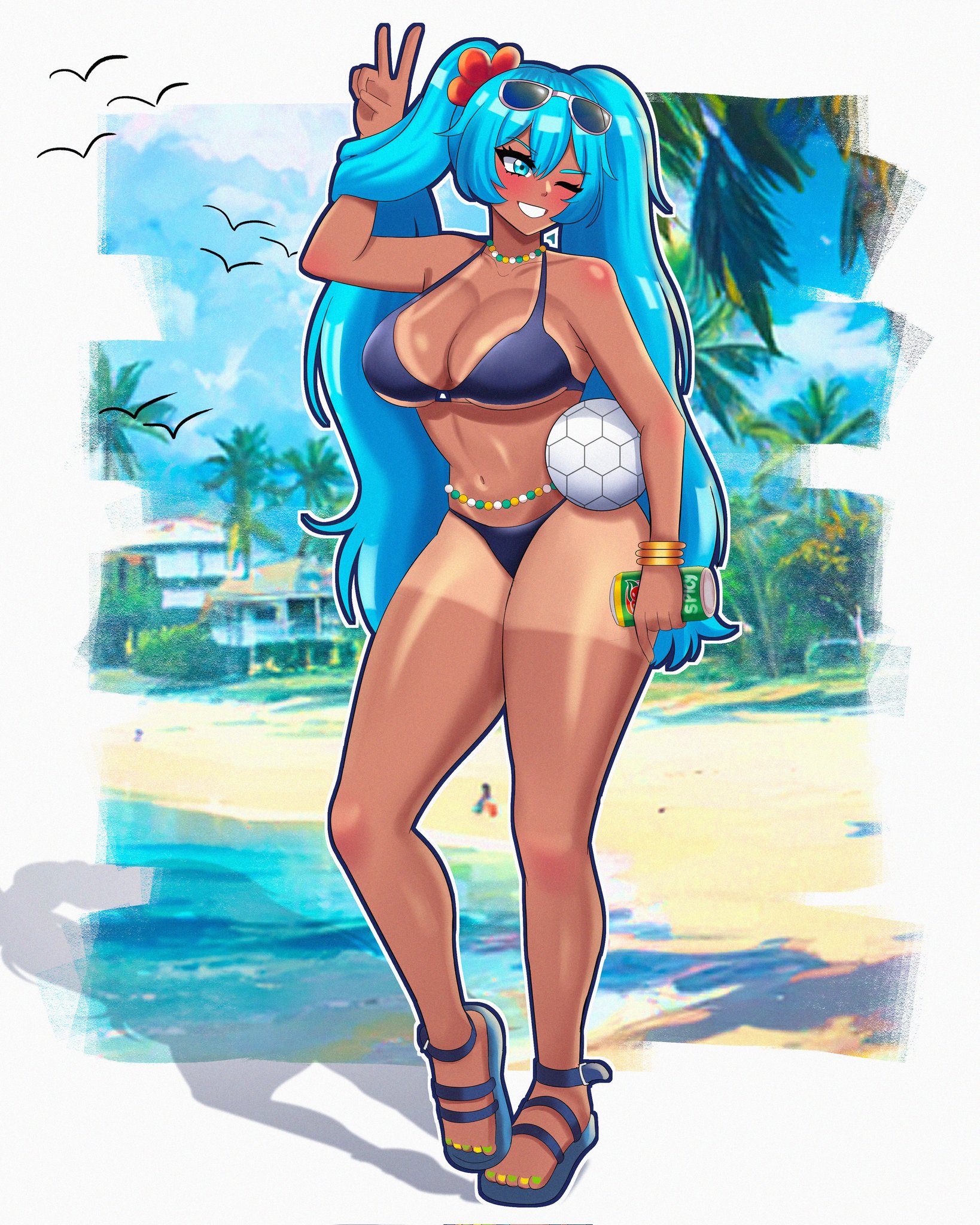 1girl, aqua eyes, aqua hair, ball, beach, big breasts, big thighs, big titties, bikini, black bikini, blue eyes, blue hair, blush, bracelet, brazilian miku, breasts, brown skin, cleavage, clothing, collarbone, curvaceous, dark skin, dark-skinned female, day, eyewear on head, female, female focus, female only, flower, full body, grin, hair flower, hair ornament, hatsune miku, holding, holding ball, jewelry, large breasts, long hair, looking at viewer, masterdestroyzj, nail polish, navel, necklace, nipples visible through clothing, one eye closed, outdoors, parted lips, sandals, smile, solo, sunglasses, swimsuit, tan, tanlines, tree, twintails, v, very long hair, vocaloid