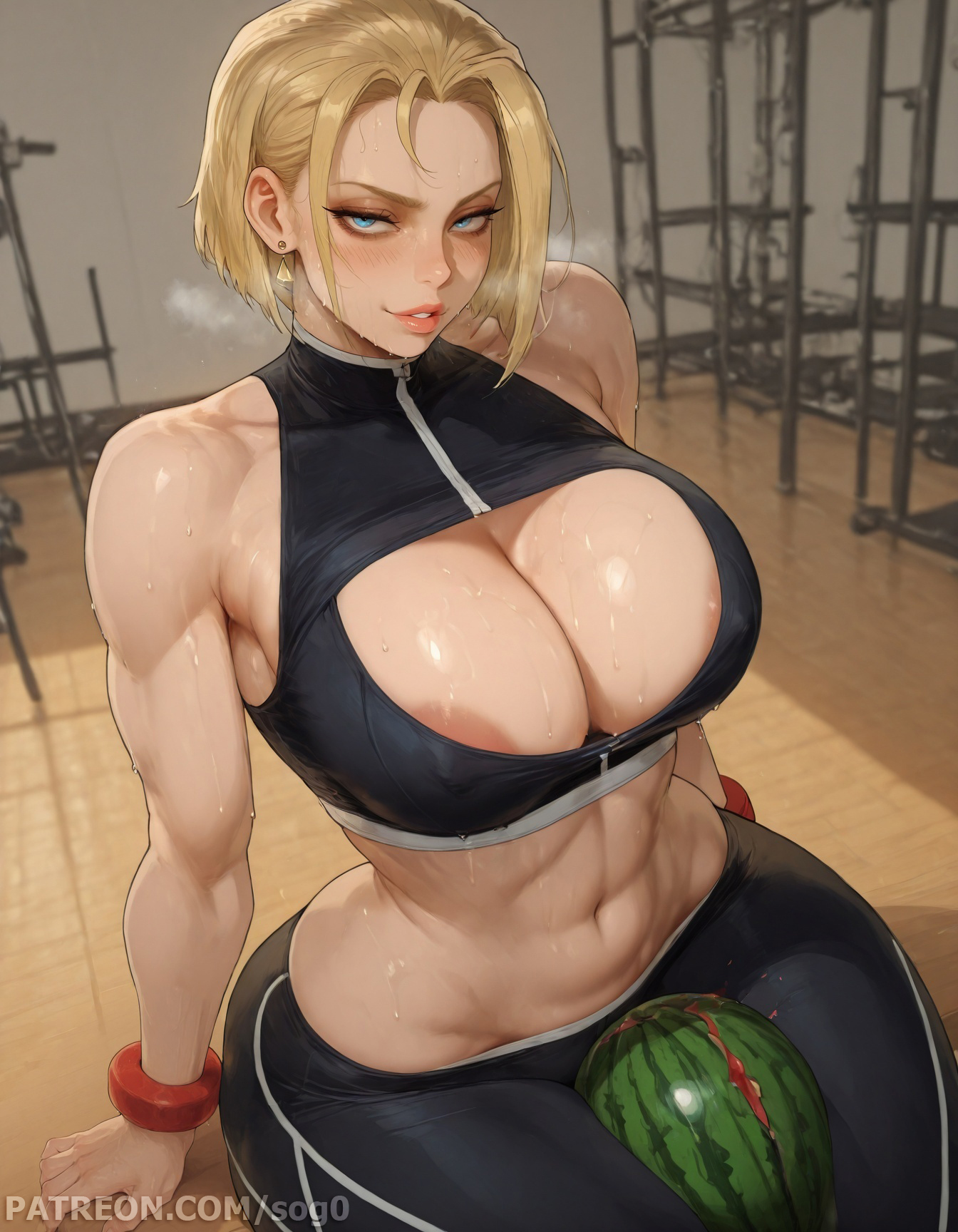 1girls, ai generated, areola slip, armpits, ass, big ass, big breasts, breasts, cammy white, cleavage, crop top, curvaceous, curvy, curvy female, curvy figure, female, hands behind head, heavy breathing, large breasts, large thighs, leggings, light skin, light-skinned female, mature female, milf, patreon, smirk, smug, sogo, solo, sportswear, street fighter, street fighter 6, sweat, sweatdrop, sweaty, teasing, thick thighs, voluptuous, watermelon, watermelon crushing, wet, wide hips