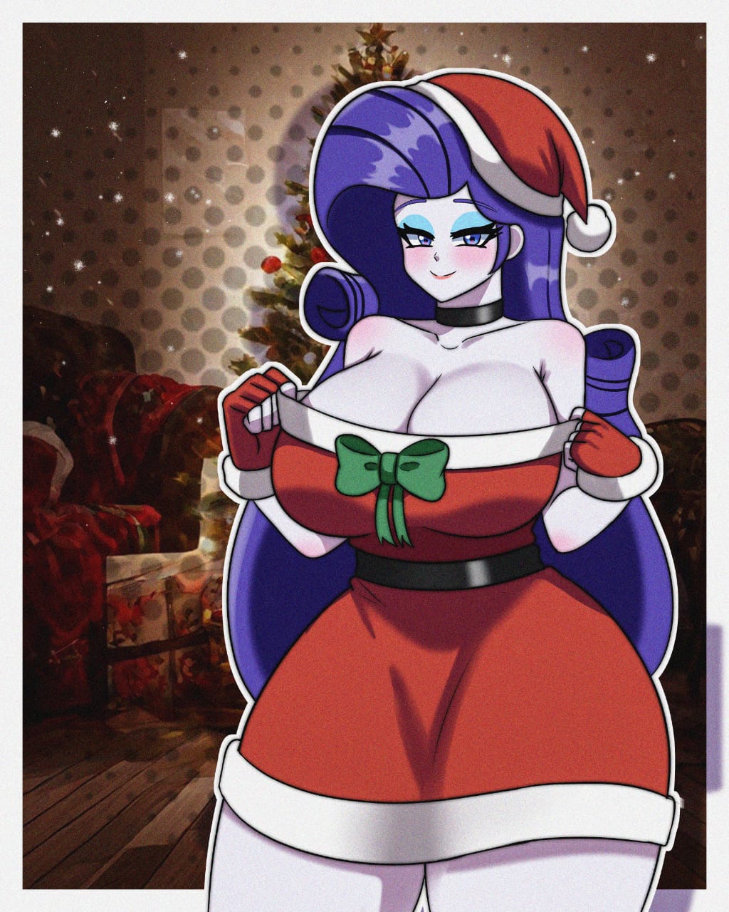 1girls, big breasts, big thighs, big titties, blue eyes, breasts, christmas, christmas clothing, christmas outfit, cleavage, clothing, curvaceous, curvaceous female, curvaceous figure, curvy, curvy figure, curvy hips, equestria girls, female, female focus, female only, friendship is magic, hasbro, long hair, looking at viewer, masterdestroyzj, my little pony, purple hair, rarity (eg), rarity (mlp), rubber, solo, solo female, white skin