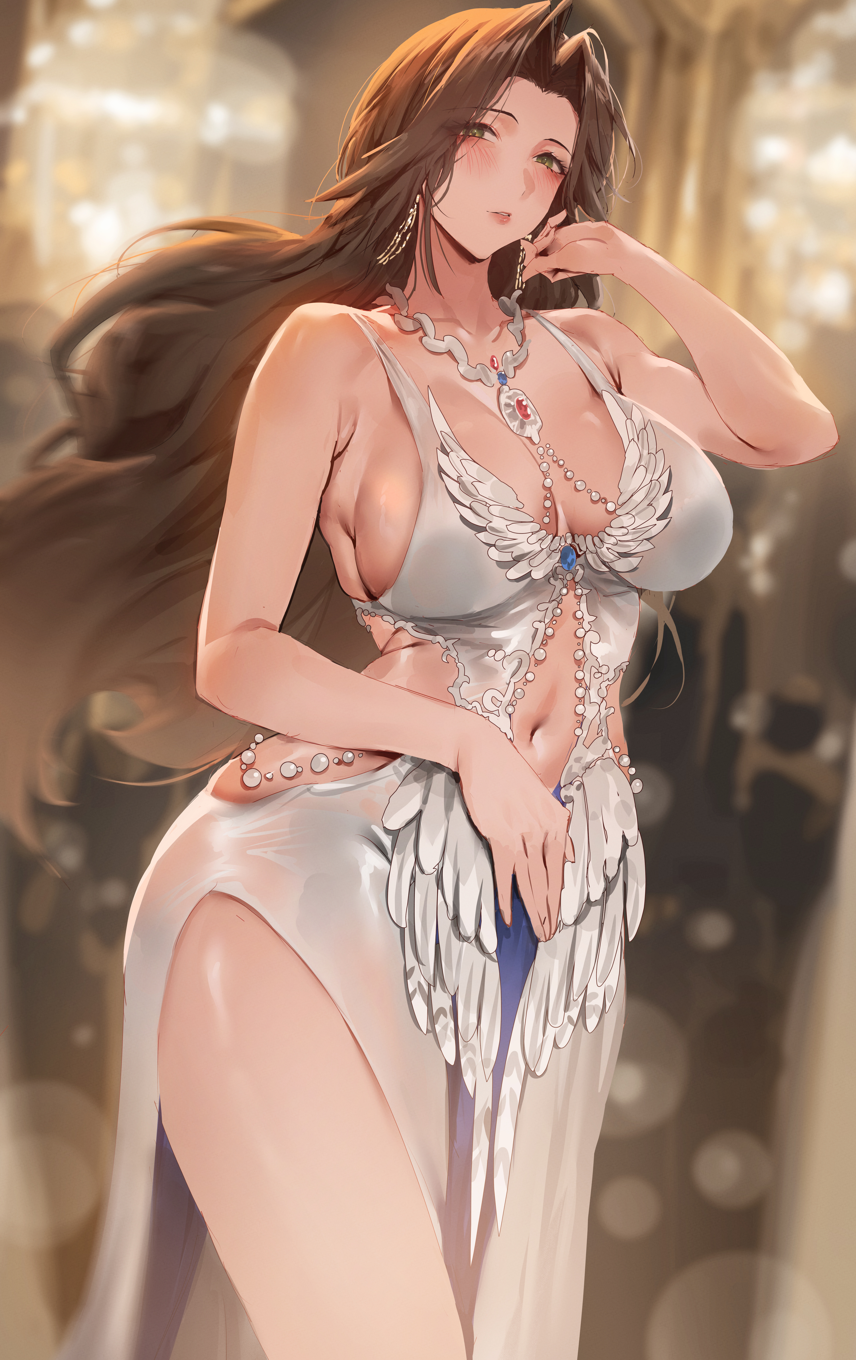 blush, breasts, brown hair, dress, earrings, female, green eyes, highres, jewelry, large breasts, long hair, looking at viewer, mature female, navel, original, rororo, side slit, solo