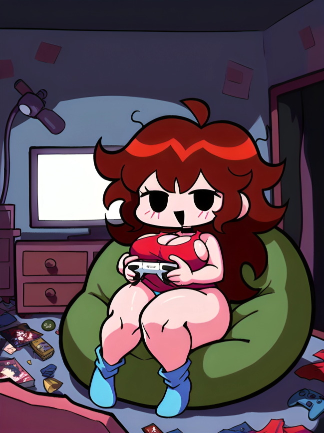 :d ai_generated auburn_hair bedroom big_breasts black_eyes blue_panties blue_socks breasts busty clothed curvy dark_room dirty_clothes dumb_girl female flat_screen_tv friday_night_funkin game_controller girlfriend_(friday_night_funkin) happy indoors long_hair looking_at_viewer messy_hair messy_room mob_face panties pixai red_tank_top shortstack sitting sitting_on_bean_bag socks solo tank_top thick_thighs trash tv wide_hips