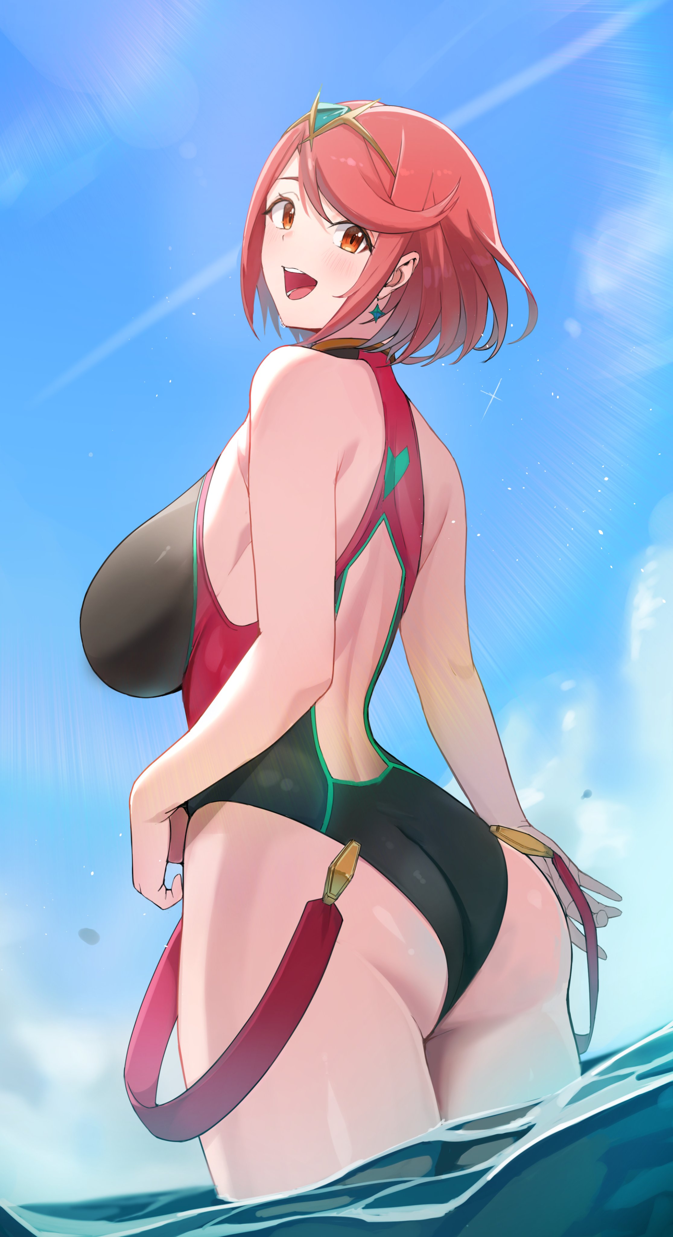 1girls, ass, ass focus, big ass, big breasts, big butt, blush, breasts, bubble ass, bubble butt, cleavage, clothed, clothing, core crystal, female, female only, nintendo, oruru577196, oruru63100814, pyra, pyra (xenoblade), short hair, solo, swimsuit, tagme, xenoblade (series), xenoblade chronicles 2