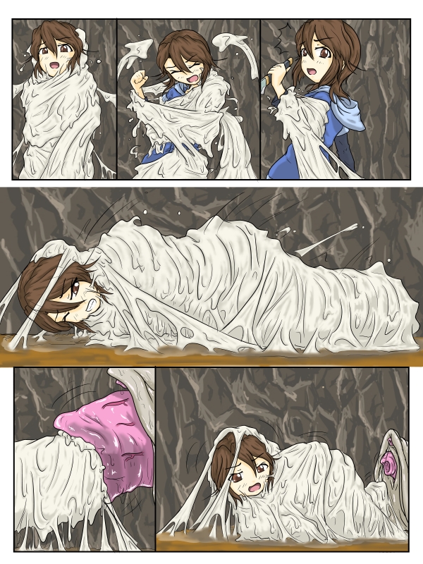 1girls brown_eyes brown_hair clothing cocoon comic devouring digestion eating feeding female kaname_(artist) knife monster mummification open_mouth scared screaming slime slug swallowing vore web