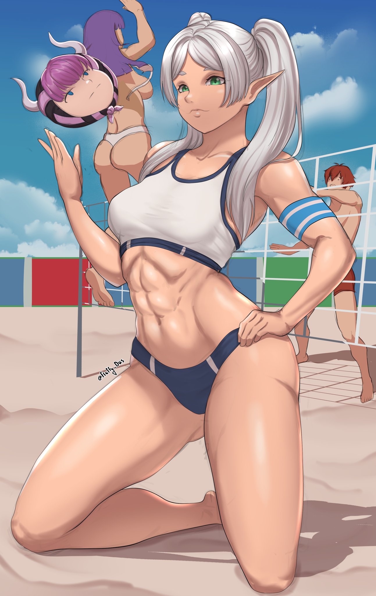 1boy, 2girls, abs, aura (sousou no frieren), bare arms, bare legs, bare shoulders, bare thighs, beach, beach volleyball, breasts, color, female, female focus, fern (sousou no frieren), fit, fit female, fluffydus, frieren, frieren beyond journey's end, hi res, light skin, light-skinned female, long hair, male, multiple females, multiple girls, muscles, muscular, muscular female, sousou no frieren, stark (sousou no frieren), tagme, thick thighs, white hair