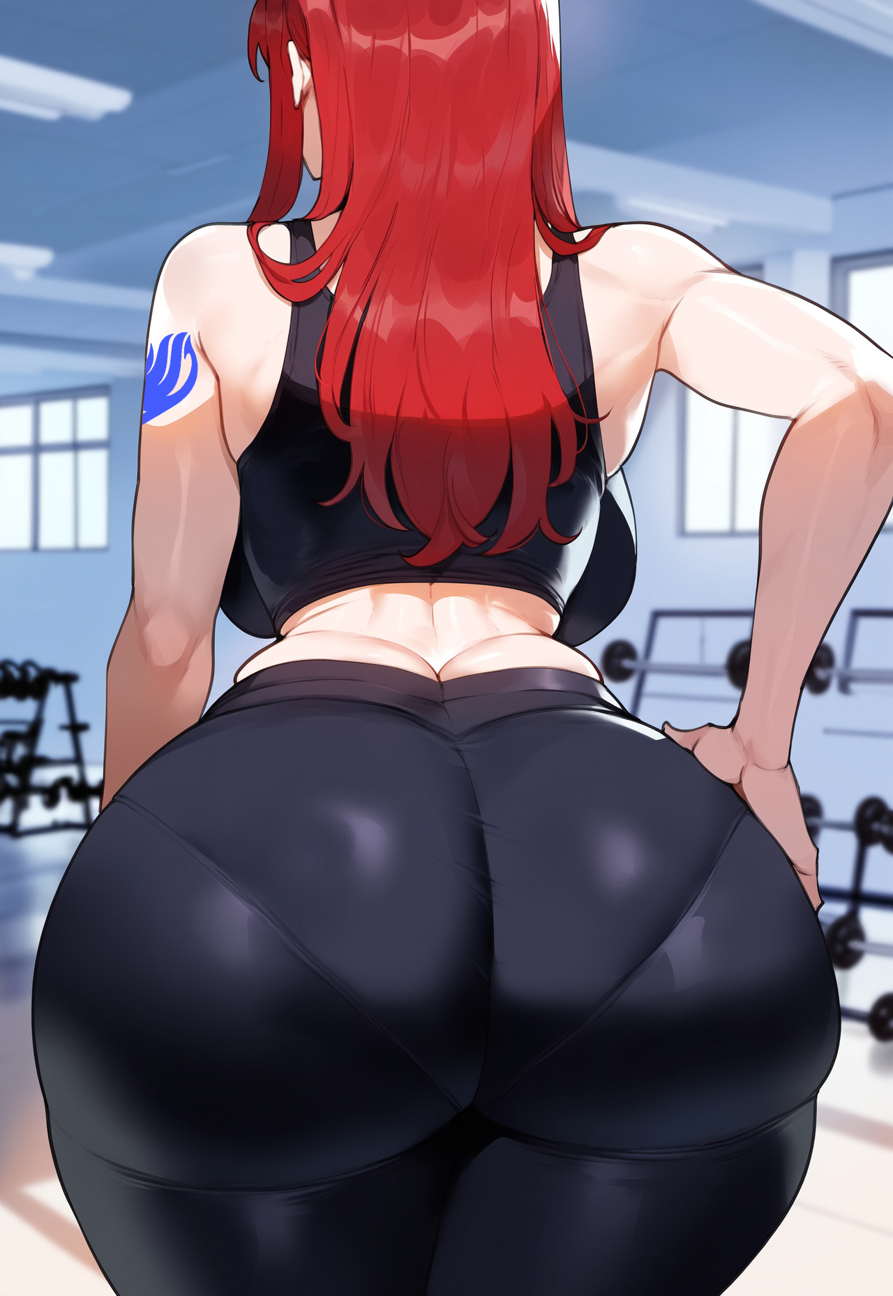 1girls, ai generated, arm tattoo, ass, big breasts, blue tattoo, breasts, brown eyes, erza scarlet, fairy tail, fairy tail mark, female, female focus, hips, huge ass, huge breasts, juuicyai, large breasts, nipples, red hair, red-haired female, tattoo, thick thighs, thighs, wide hips