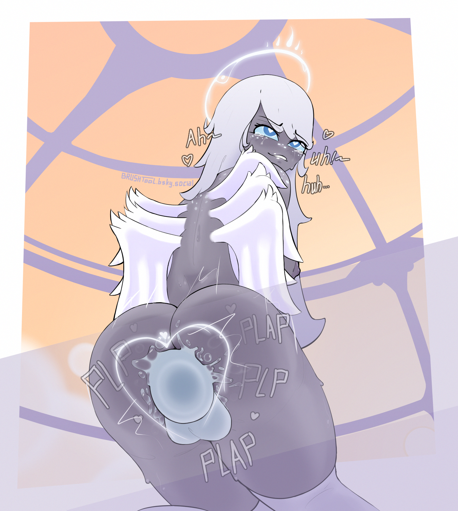 1girls, angel, angel girl, angel wings, aureola, brushtool, dildo, dildo in ass, dildo insertion, dildo sitting, emily (hazbin hotel), english text, female, female focus, female only, hazbin hotel, light skin, light-skinned female, long hair, moaning, solo, solo female, solo focus