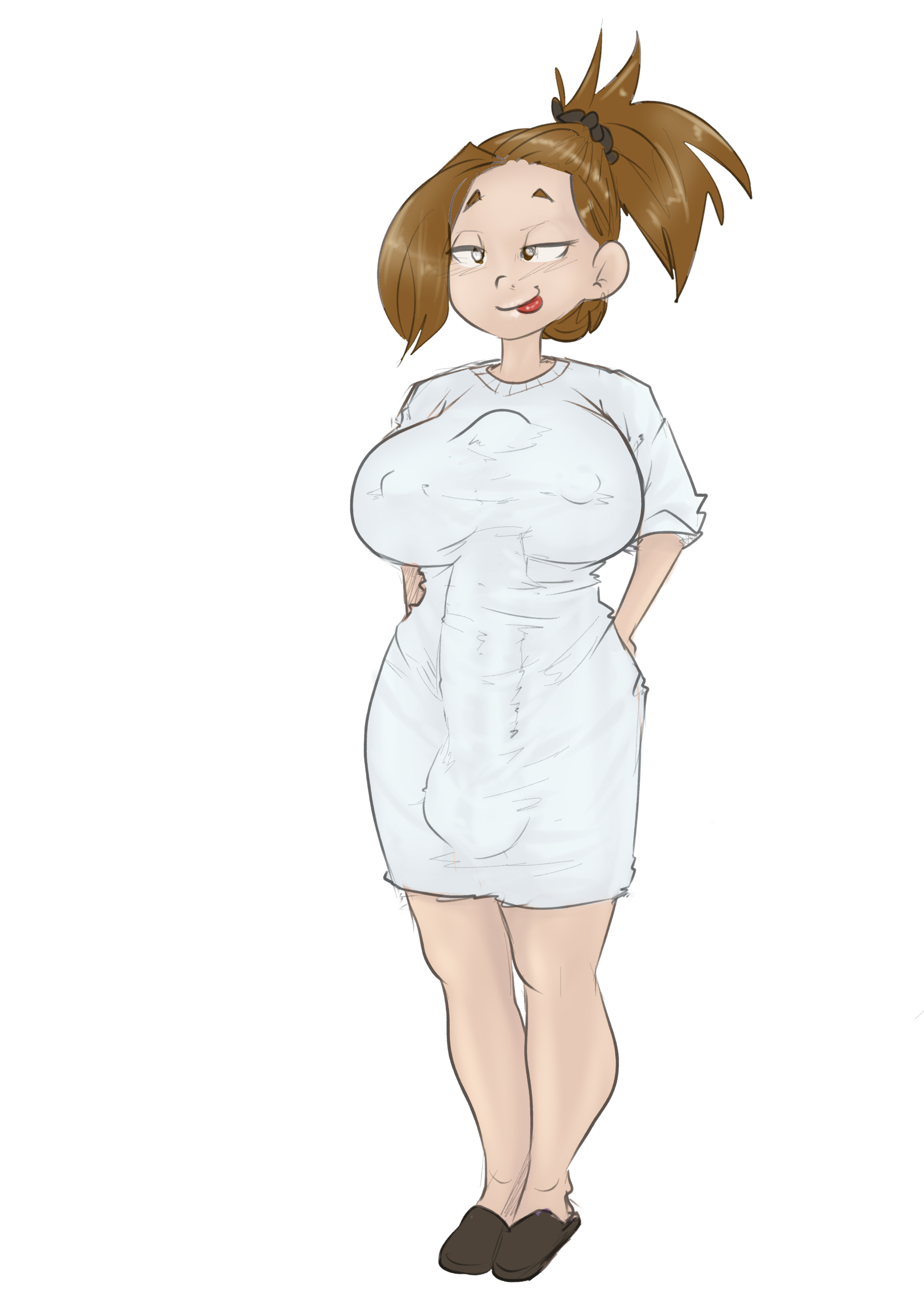 1futa, autopaizuri, autopaizuri under clothes, balls, big breasts, big penis, breasts, brown eyes, brown hair, clothed, clothing, erection, erection under clothes, fully clothed, futa only, futanari, huge balls, huge cock, human, intersex, long penis, penis, pervyourbrain, solo, standing, tight fit, uncensored
