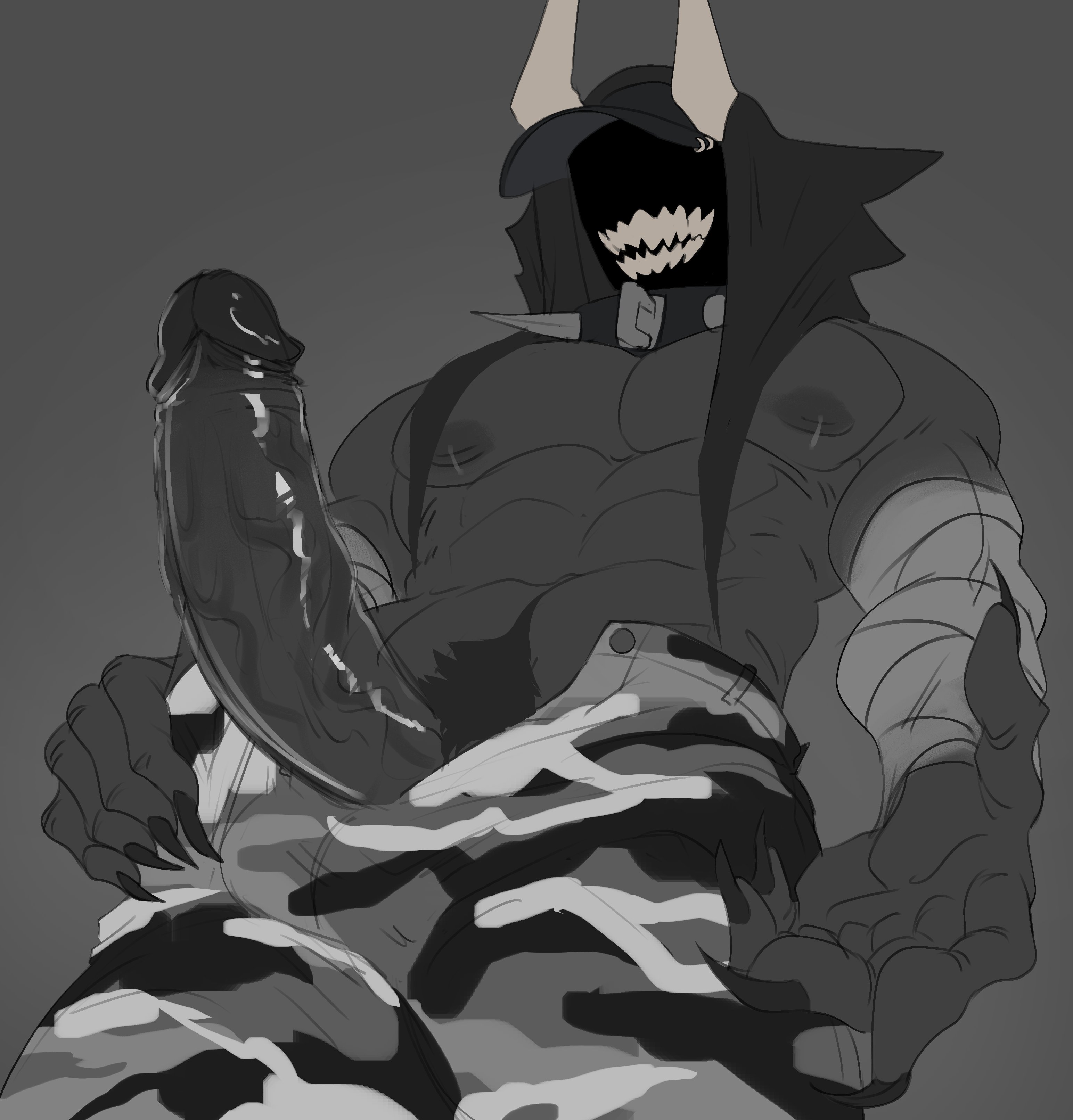bandage, bandaged arm, bandages, black body, camouflage, camouflage pants, cock focus, collar, demon, dick focus, extended arm, faceless, faceless character, faceless male, foresttguiide, grey skin, greyscale, happy trail, hat, horn, horns, humanoid genitalia, humanoid penis, male, monster, monster boy, muscles, muscular, muscular chest, muscular male, nightmare husbando, penis, penis focus, pubic hair, shark teeth, sharp claws, sharp fingernails, sharp teeth, solo, solo focus, solo male, spiked collar, vein, veins, veiny penis, wrapped, wrapped arms, wrappings, wraps