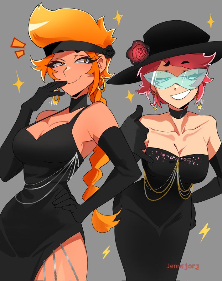 amber (brawl stars), black dress, brawl stars, duo, fancy clothing, female, hat, jenna jorg, long hair, max (brawl stars), orange hair, red hair, rose, short hair