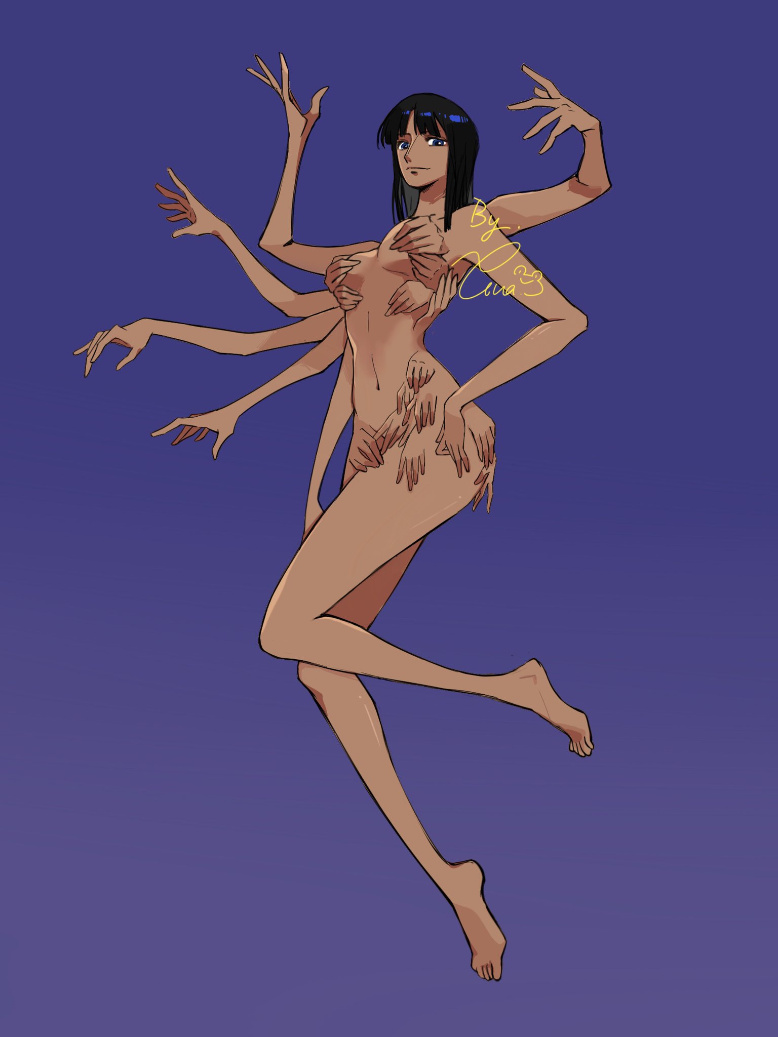 1girls, accurate art style, anime, bangs, barefoot, breasts, completely nude, covering breasts, covering crotch, dark hair, feet, female, female only, full body, grabbing own ass, grabbing own breast, guaguapiu, hana hana no mi, hand bikini, hand bra, hands, improvised clothing, linea alba, looking at viewer, naked, naked female, nico robin, nude, nude female, one piece, solo, solo female