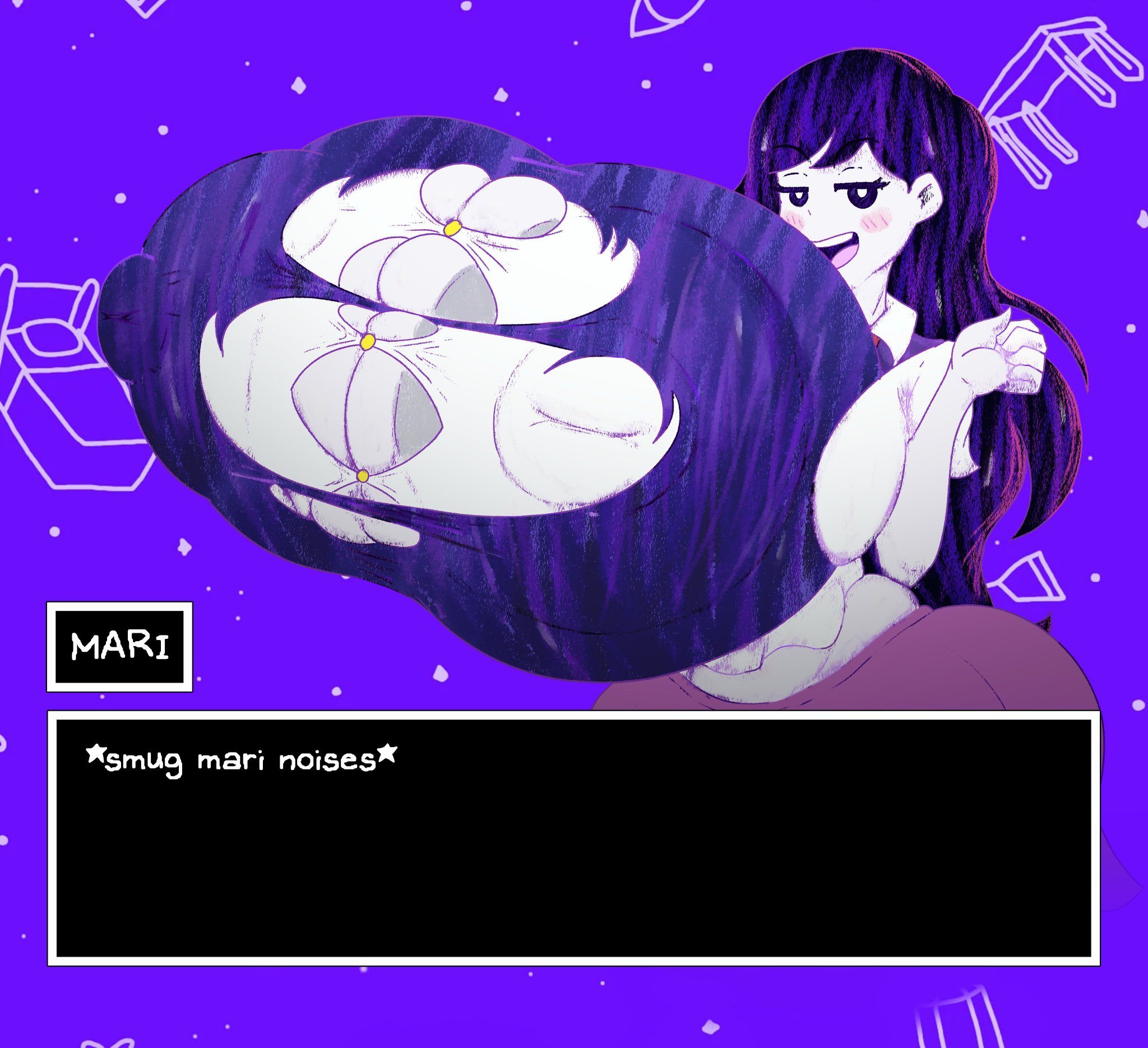 1girls, blizynx, breast expansion, breast growth, breast growth (enlargement), breasts, expansion, female, huge breasts, hyper, hyper breasts, looking at viewer, mari (headspace) (omori), mari (omori), omori, smug, tagme, text, text box