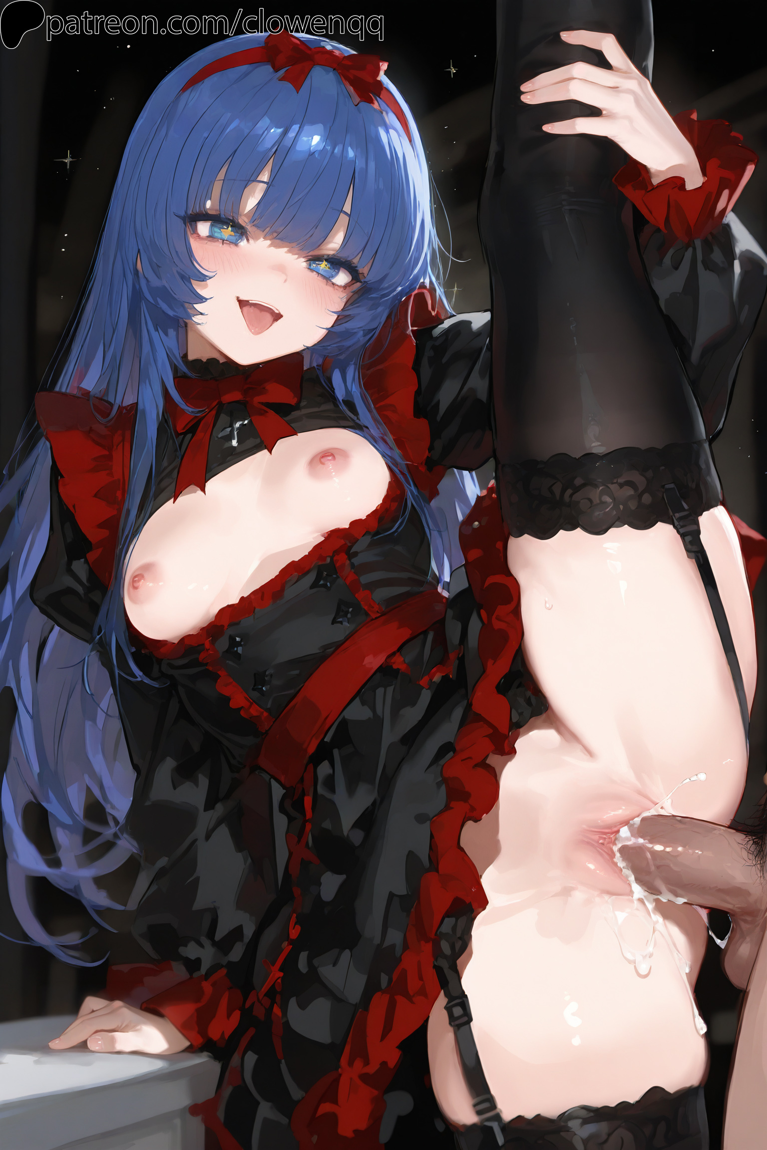 1boy, 1girls, ai generated, areola, areolae, bangs, black legwear, black souls, black souls 2, blue eyes, blue hair, bow, breasts, clowenqq, cum, cum in pussy, cum inside, dress, exposed breasts, female, female focus, frills, garter straps, holding leg, legwear, long hair, mabel (black souls), male, male penetrating, male penetrating female, male/female, nipples, no panties, one leg up, open mouth, penis, penis in pussy, pussy, small breasts, standing sex, symbol-shaped pupils, thick thighs, thighhighs, thighs, tongue, tongue out, uncensored
