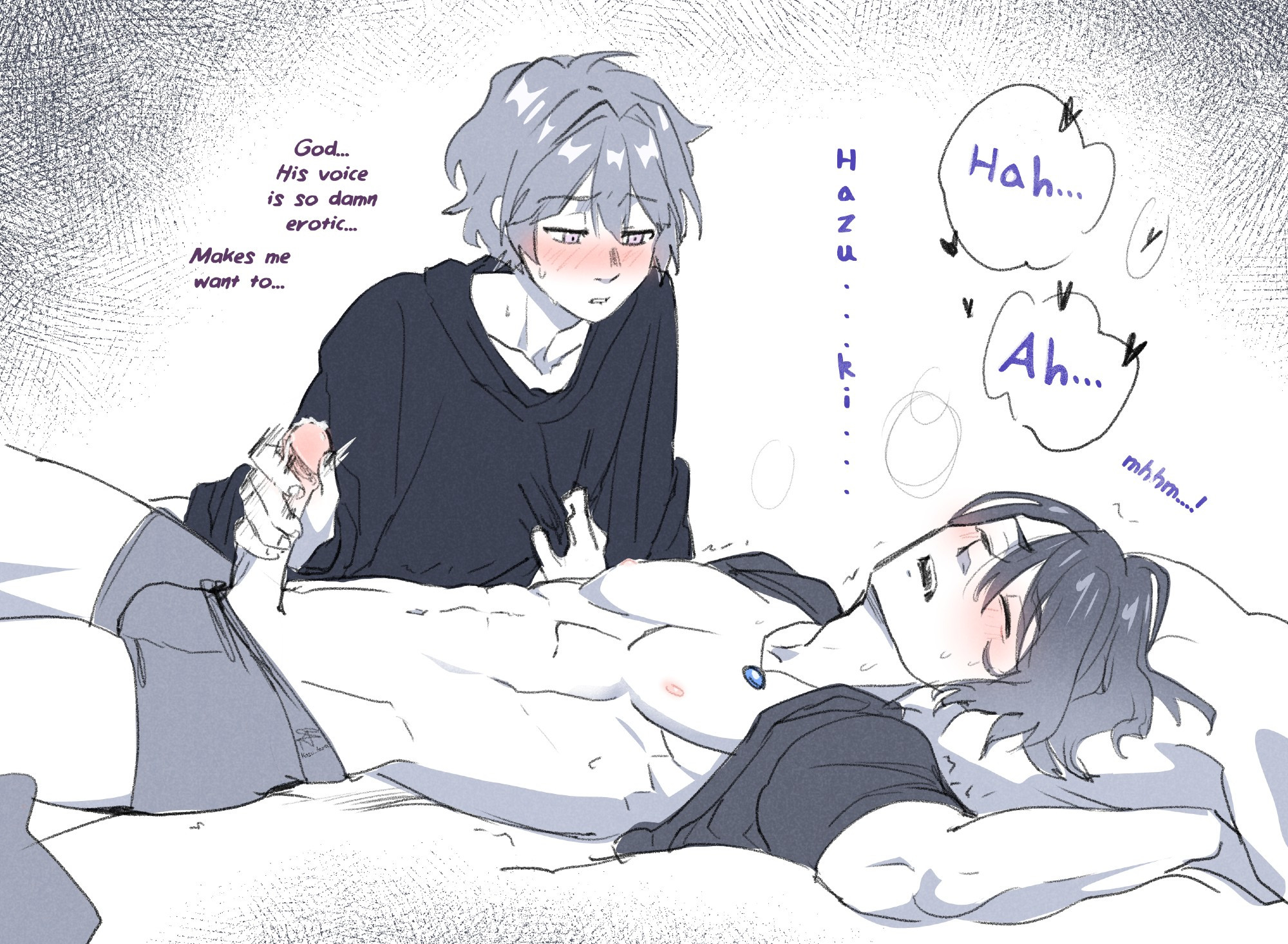 2boys, athletic, biting lip, black and white, blush, blush lines, boxers, circumcised, closed eyes, english, english text, erect penis, erection, femboy, forte (love melodies), grabbing, grabbing clothing, handjob, hazuki (love melodies), kasutama, leaking precum, love melodies, lying, male, male focus, male only, male/male, muscles, muscular, muscular male, necklace, official art, partially clothed, penis, penis grab, pink nipples, sketch, speech bubble, sweat, sweatdrop, sweating, yaoi