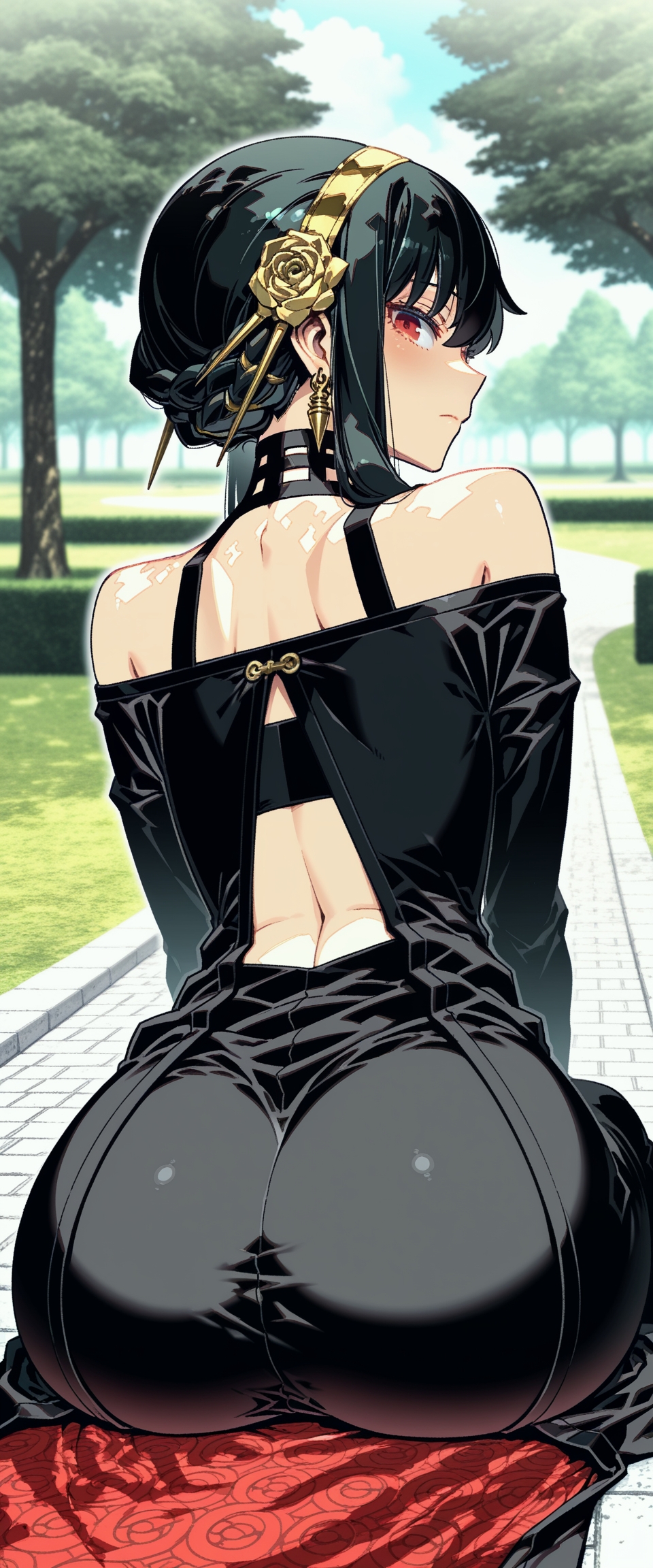 ai_generated ass ass_focus black_hair closed_mouth colored_skin female from_behind huge_ass looking_at_viewer looking_back park red_eyes shiny_skin sitting solo spy_x_family wide_hips yor_briar