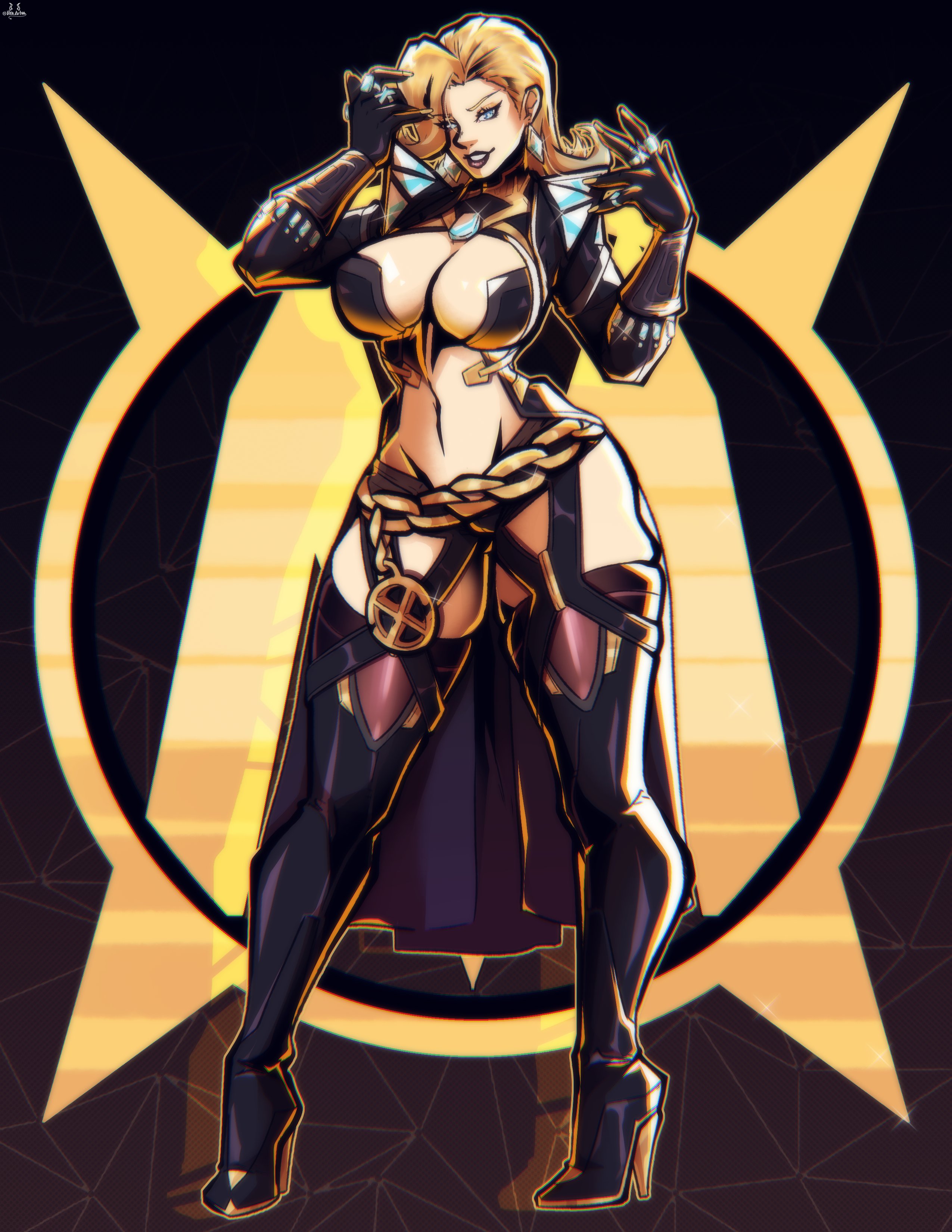 1girls, absurd res, black lipstick, blonde female, blonde hair, boots, breasts, emma frost, emma frost (marvel rivals), emma frost (x-revolution), female, female focus, female only, hi res, high heel boots, high heels, large breasts, light skin, light-skinned female, looking at viewer, marvel, marvel comics, marvel rivals, mature female, nico artooo, solo, wide hips, x-men