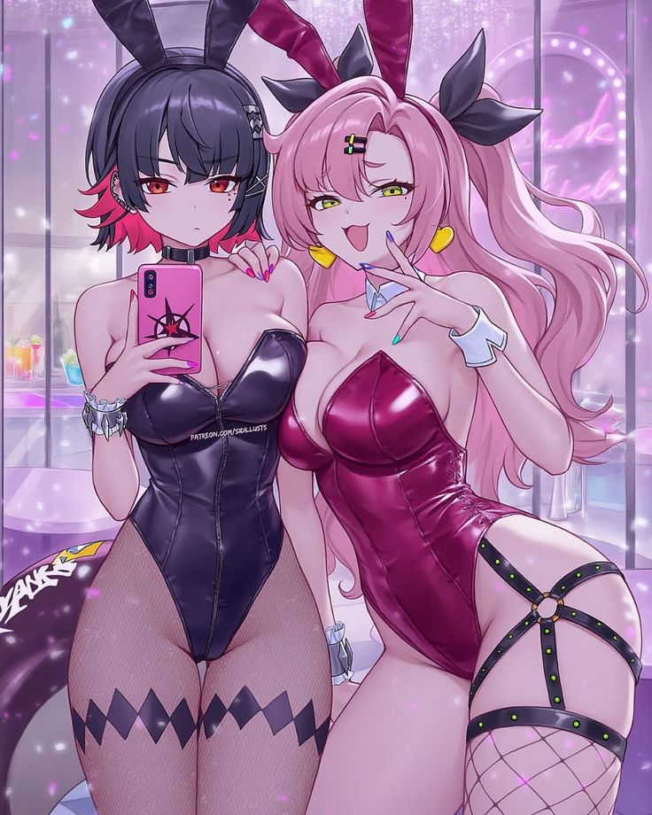 2girls, ai generated, breasts, bunny costume, bunny ears, bunny girl, bunnysuit, ellen joe, female, hoyoverse, looking at viewer, mihoyo, nicole demara, open mouth, playboy bunny, sidillusts, zenless zone zero