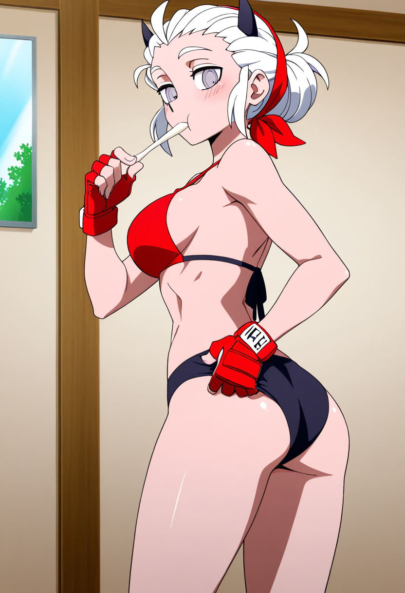 ai_generated ass bikini chewing clothed_female female helltaker justice_(helltaker) looking_at_viewer