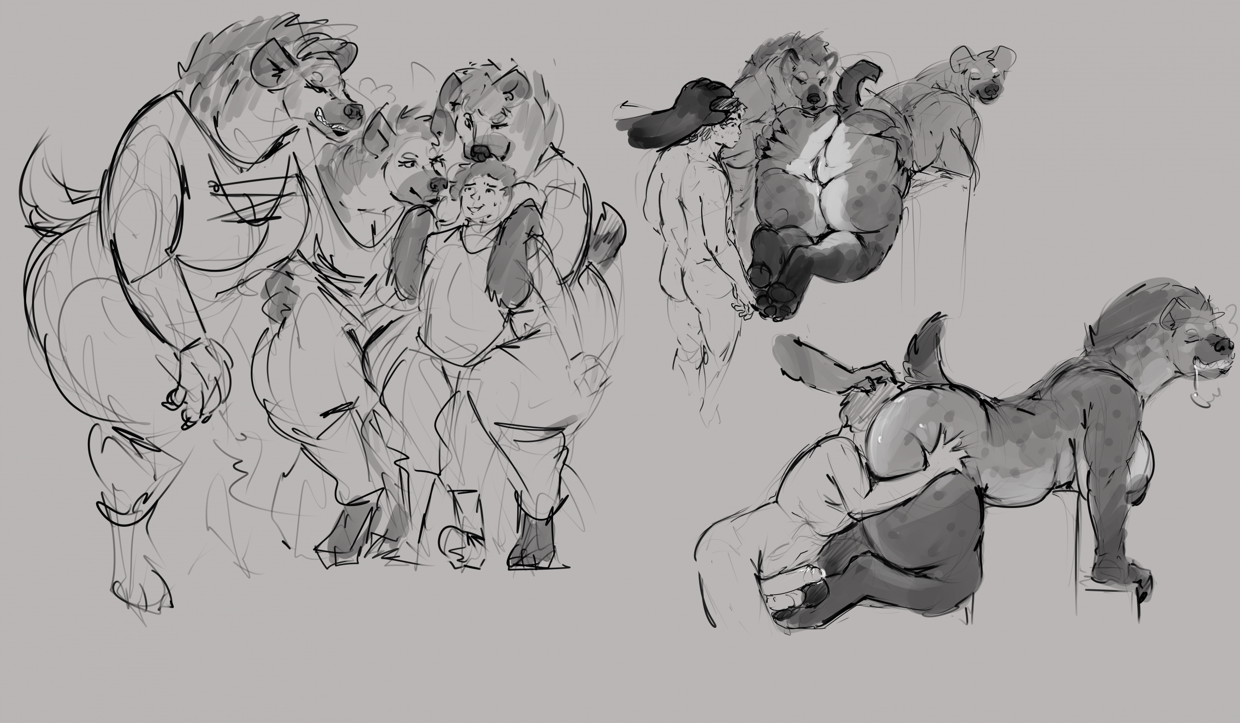 all fours, anthro, anus, ass, black and white, breasts, cunnilingus, doctordj, female, foursome, fur, genitals, group, group sex, hi res, human, human on anthro, hyena, interspecies, male, male/female, mammal, markings, monochrome, nipples, nude, nude anthro, nude female, nude human, nude male, oral, pussy, sex, spots, spotted body, spotted fur, spotted hyena, vaginal penetration