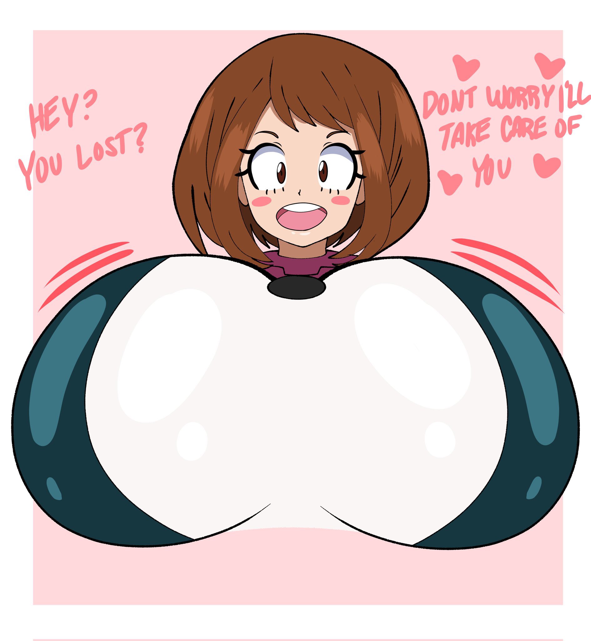 1girls, artist request, breasts, brown hair, female, huge breasts, looking at viewer, my hero academia, ochako uraraka, ochako uraraka (hero outfit), smile, tagme