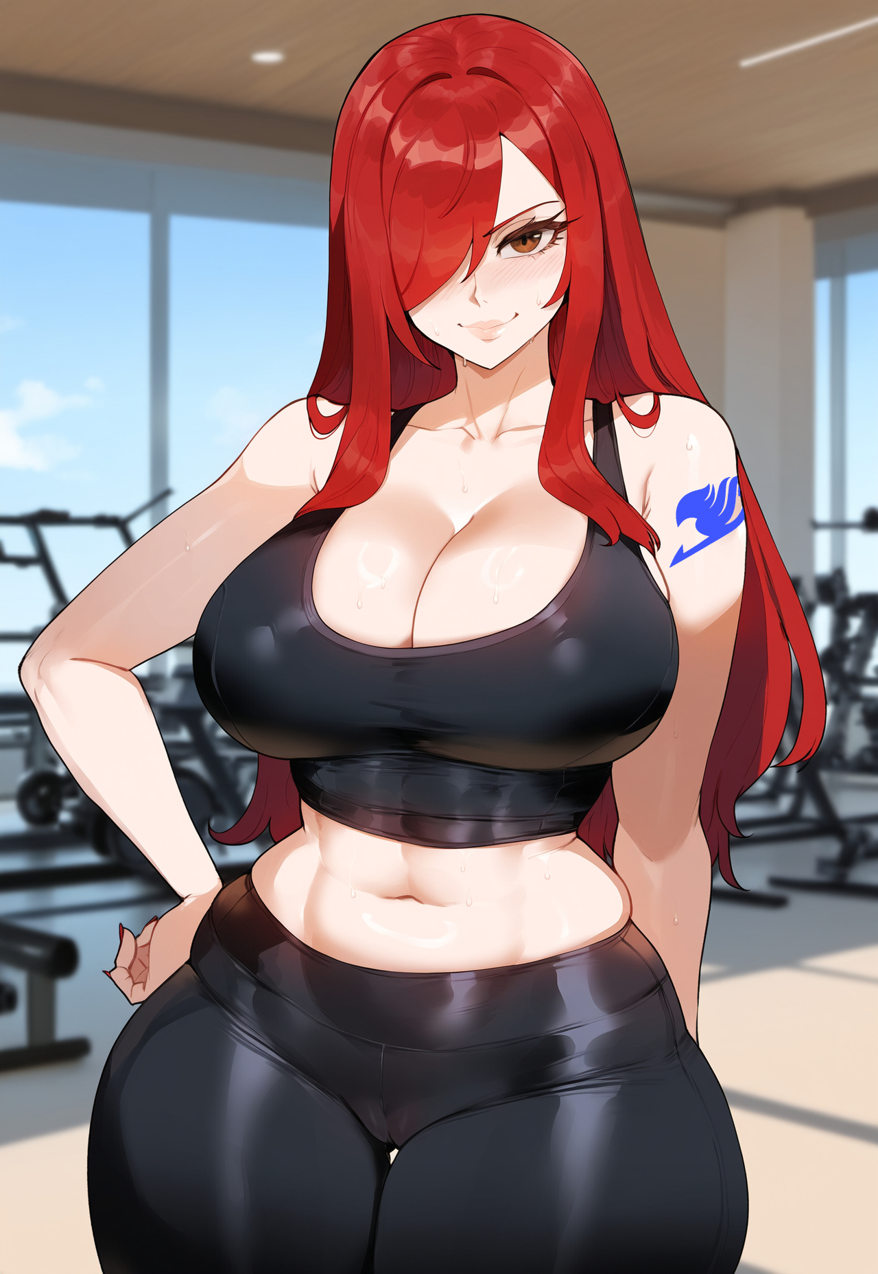 1girls, ai generated, arm tattoo, ass, big breasts, blue tattoo, breasts, brown eyes, cleavage, erza scarlet, fairy tail, fairy tail mark, female, female focus, hips, huge ass, huge breasts, juuicyai, large breasts, nipples, red hair, red-haired female, tattoo, thick thighs, thighs, wide hips