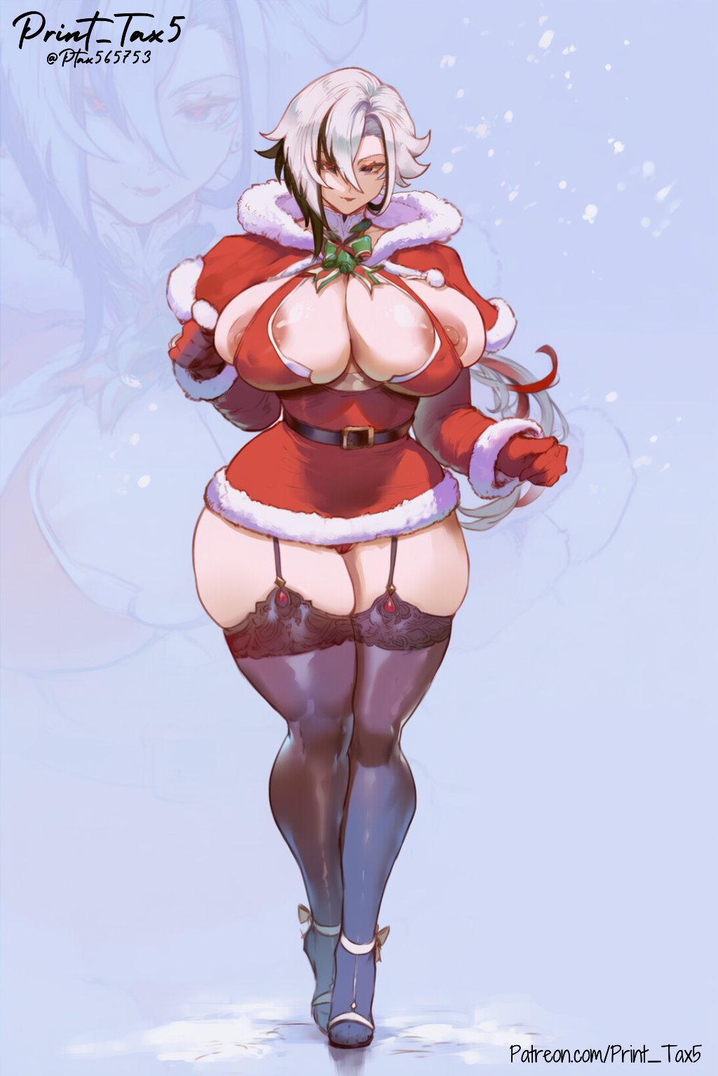 1girls, ai generated, arlecchino (genshin impact), breasts, christmas, female, female focus, female only, genshin impact, large breasts, light skin, light-skinned female, print tax5, solo, thick thighs, thighs, wide hips