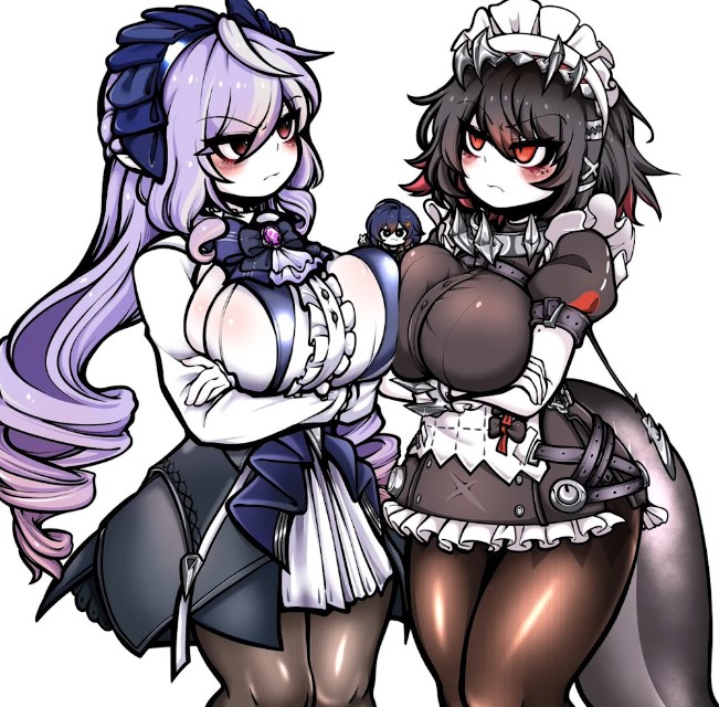 3girls, arms folded, belle (zenless zone zero), blush, breasts, dress, ellen joe, enormous breasts, female, huge breasts, large breasts, vivian (zenless zone zero), vivian banshee, wide hips, zenless zone zero