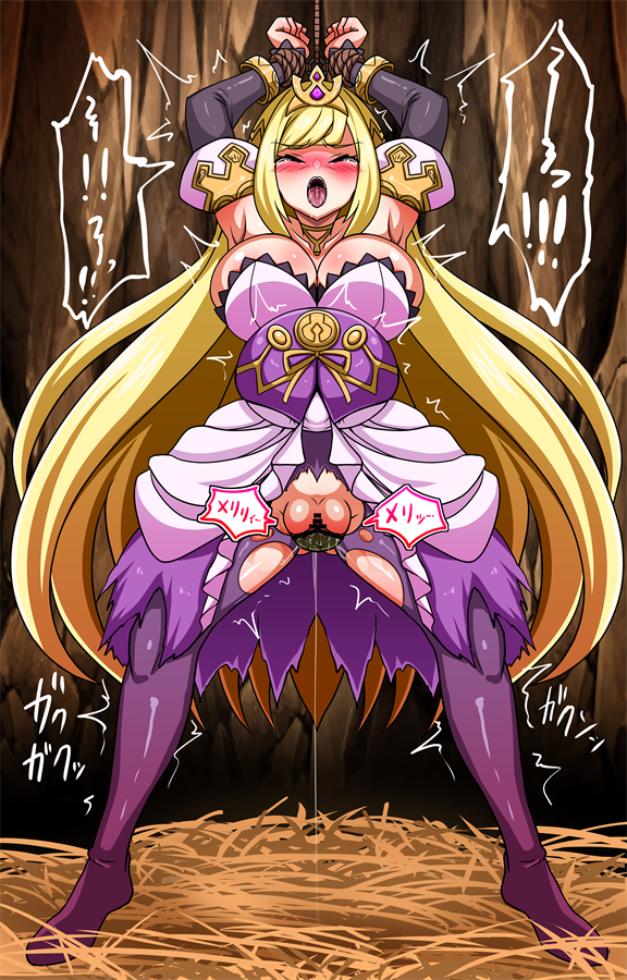 armpits bar_censor birth blonde_hair blush breasts cave censored chelle_(dragalia_lost) closed_eyes collarbone crown detached_sleeves dragalia_lost female giving_birth hay interspecies_pregnancy large_breasts long_hair open_mouth pantyhose pregnant pussy pussy_juice restrained rope skirt tongue tongue_out torn_clothes torn_pantyhose yagami_(mukage)