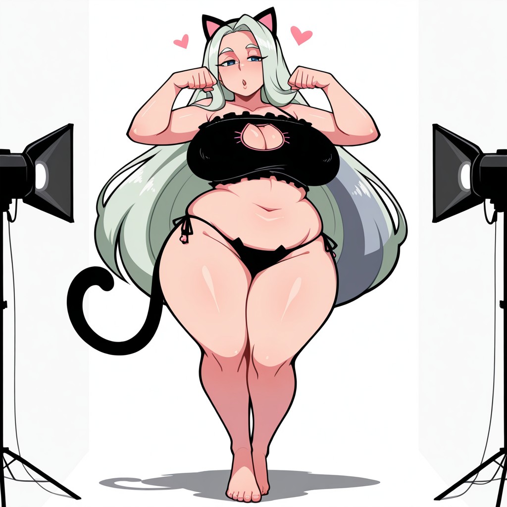ai generated, balfaphico, blush, cat lingerie, chubby, female, melony (pokemon), milf, modeling, photo shoot, photo studio, pokemon, pokemon ss