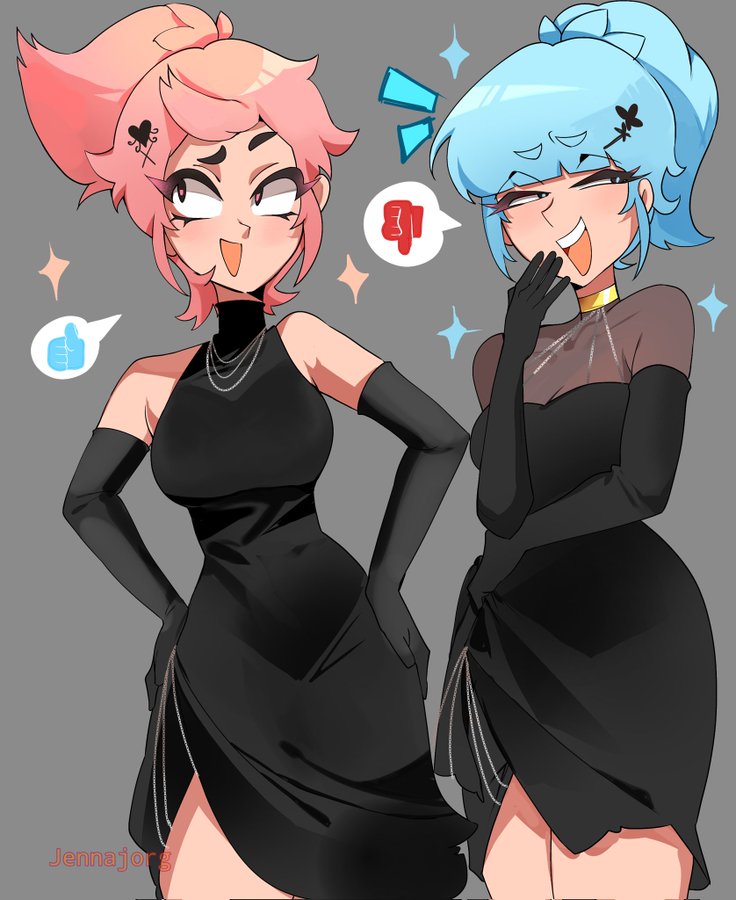 2girls, black dress, blue hair, brawl stars, duo, fancy clothing, female, female only, janet (brawl stars), jenna jorg, pink hair, popstar janet, shiny, talking